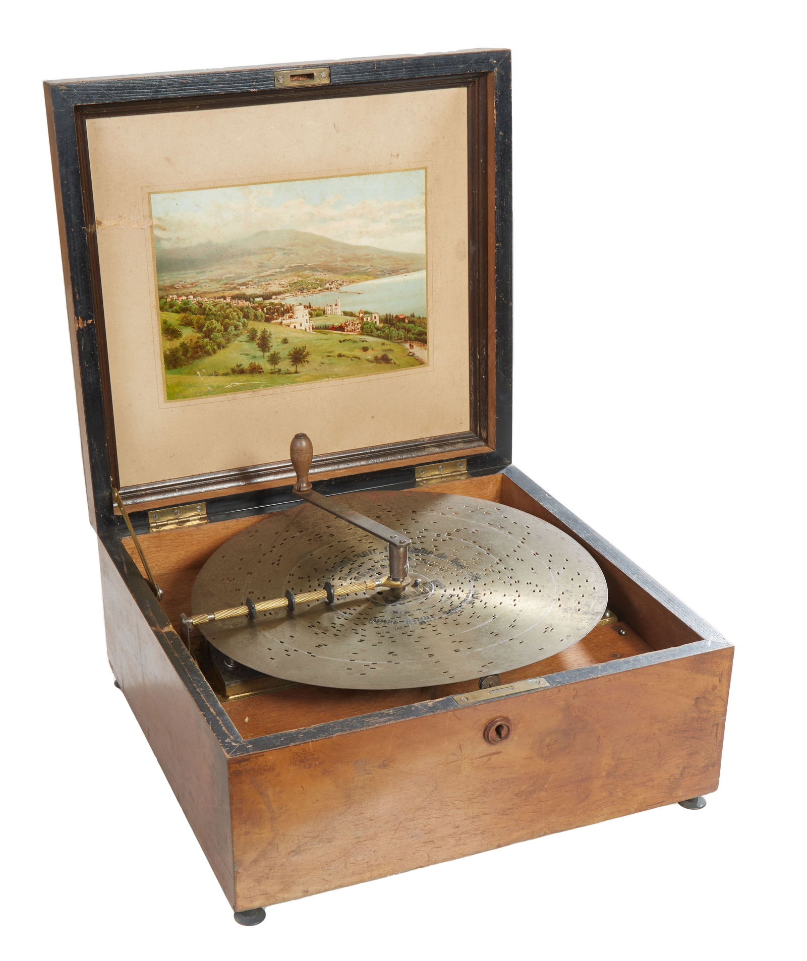 German Kalliope Single Comb Disc Inlaid Music Box, 19th c., Disc- Dia.- 13 in.; Box- H.- 7 1/2 in., (1 of 12)