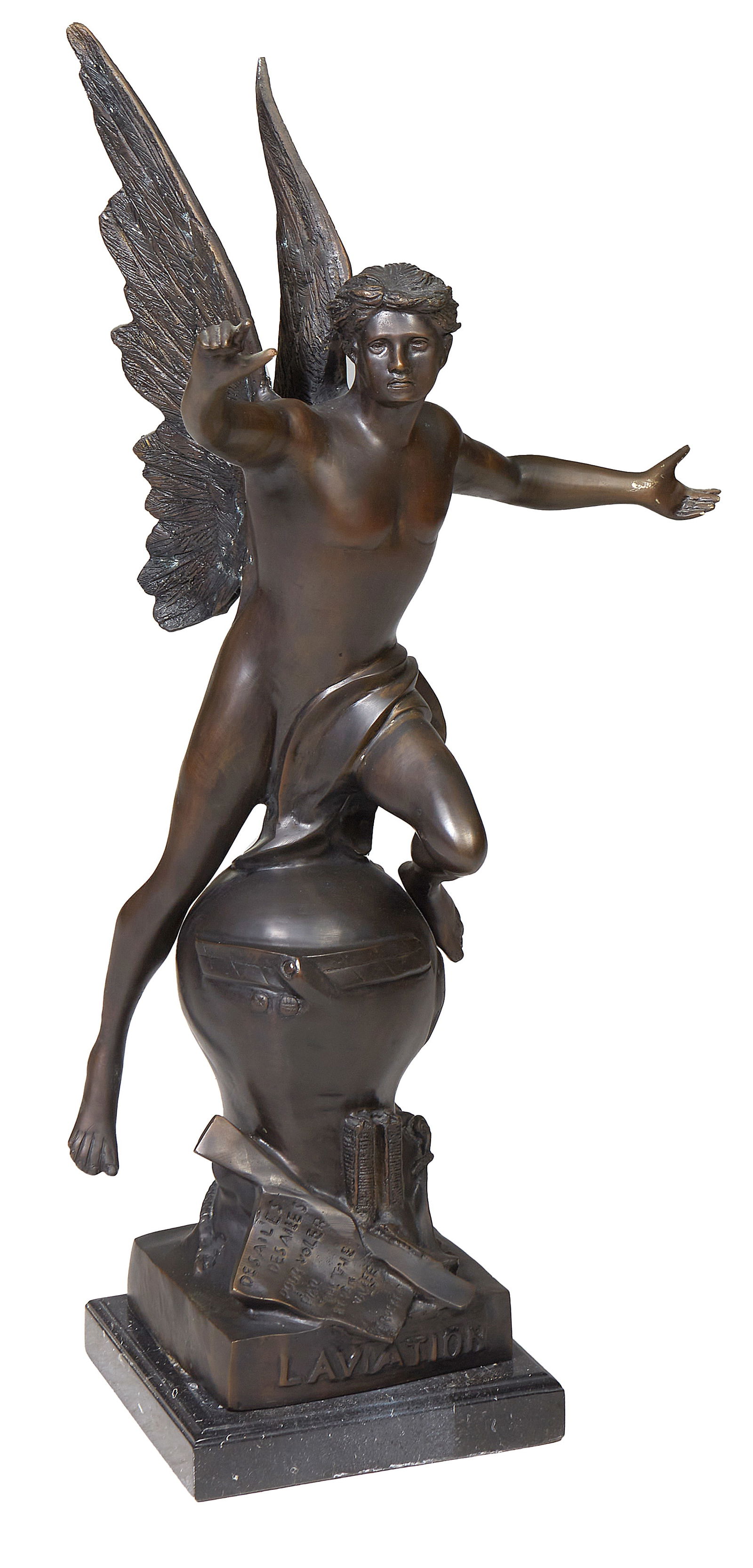 After Emile Picault (French, 1833-1915), "L'Aviation," 20th c. Statue- H.- 27 in., W.- 17 1/4 in., (1 of 3)
