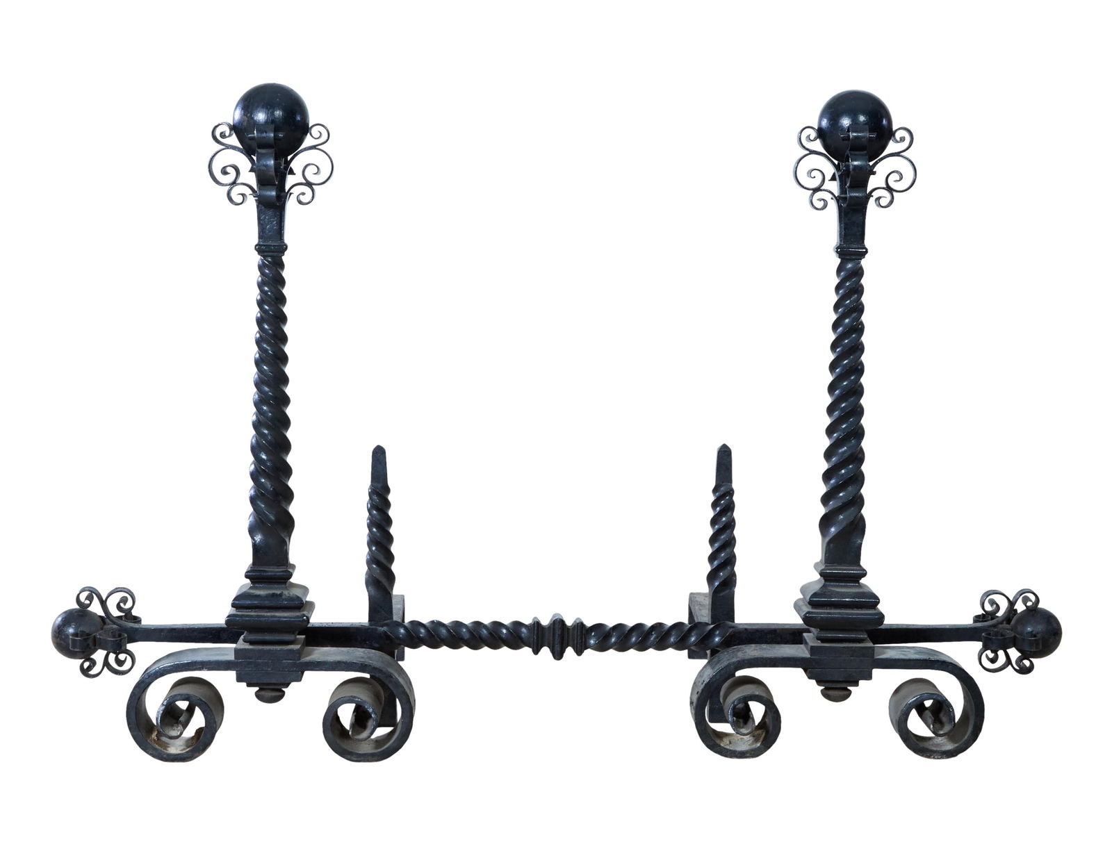 Pair of Renaissance Revival Iron Andirons, 20th c., H.- 36 1/2 in., W.- 55 1/2 in., D.- 4 in. (2 (1 of 1)
