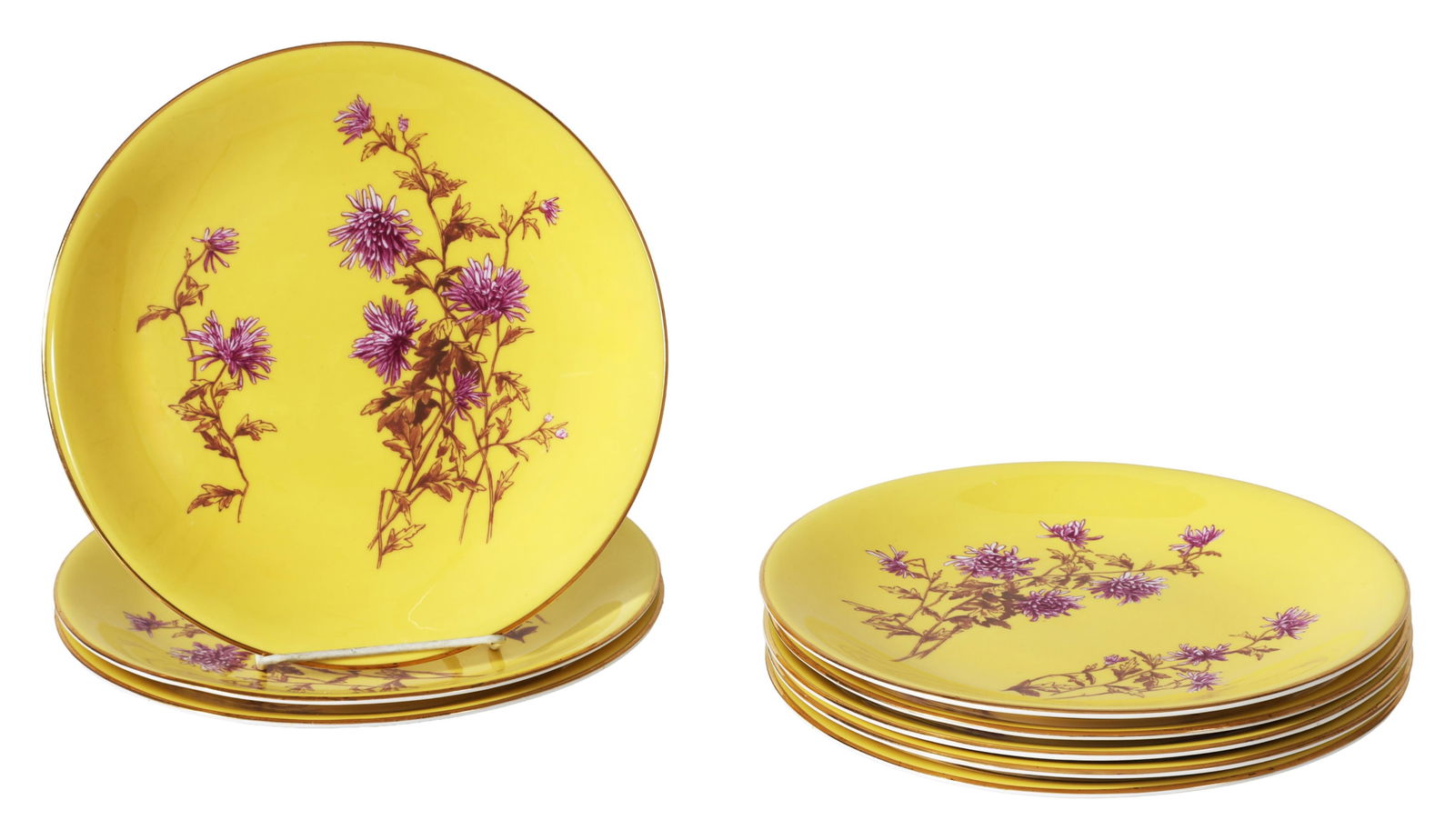 Set of Eight Royal Worcester Yellow Chrysanthemum Plates, 19th c., H.- 3/4 in. Dia.- 9 1/4 in. (8 (1 of 2)