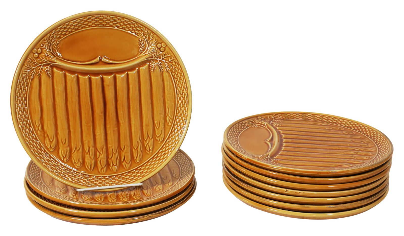 Set of Eleven French Relief Ocher Majolica Asparagus Plates, early 20th c., H.- 5/8 in., Dia.- 9 3/4: Set of Eleven French Relief Ocher Majolica Asparagus Plates, early 20th c., with a portion for sauces or olive oil, H.- 5/8 in., Dia.- 9 3/4 in. (11 Pcs.)