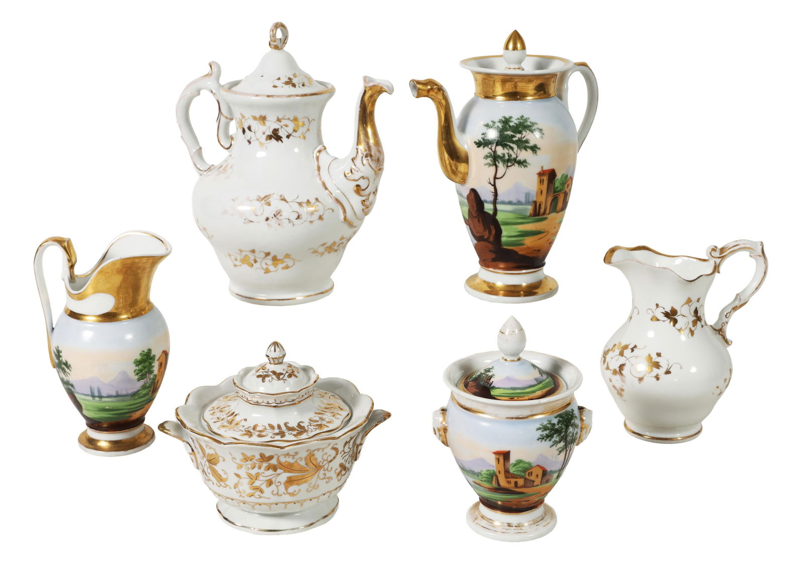 Two Three-Piece Old Paris Porcelain Coffee Services, 19th c., Landscape Coffeepot- H.- 10 1/2 in., (1 of 6)