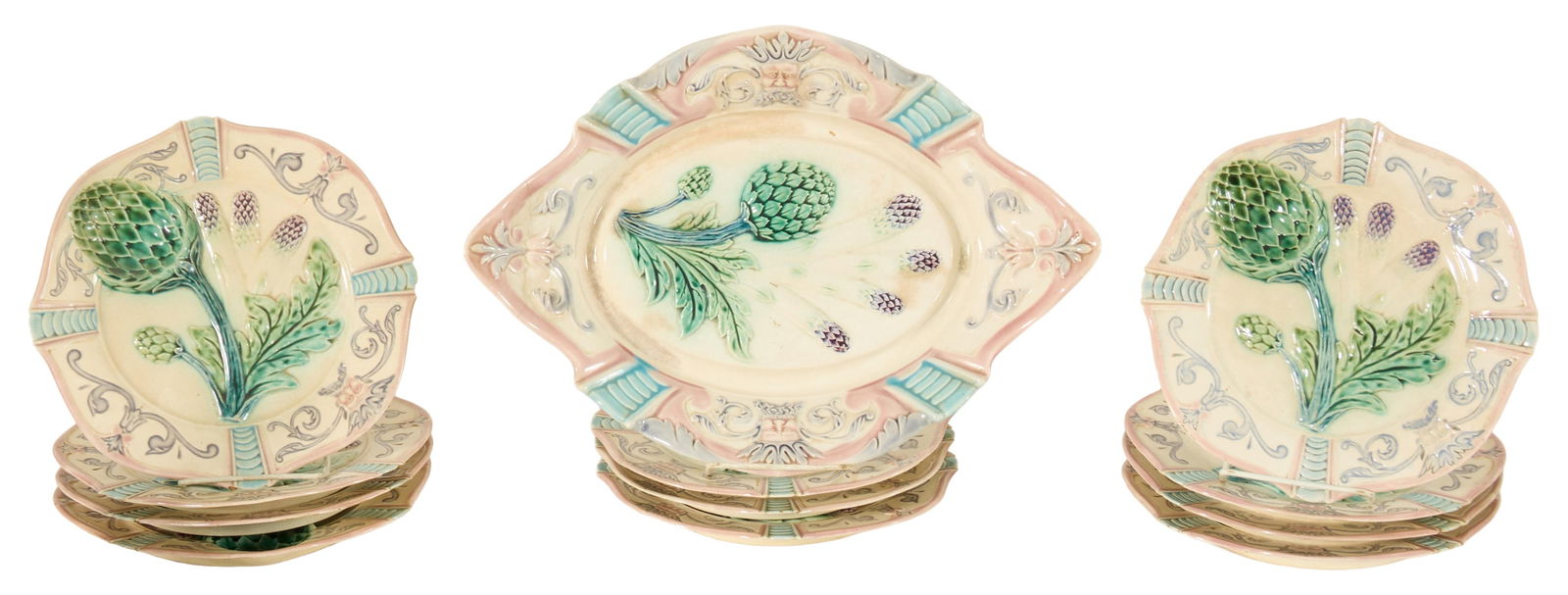 Twelve Piece French Porcelain Artichoke Service, early/mid 20th c., Platter- H.- 11 1/8, W.- 15 5/8 (1 of 3)