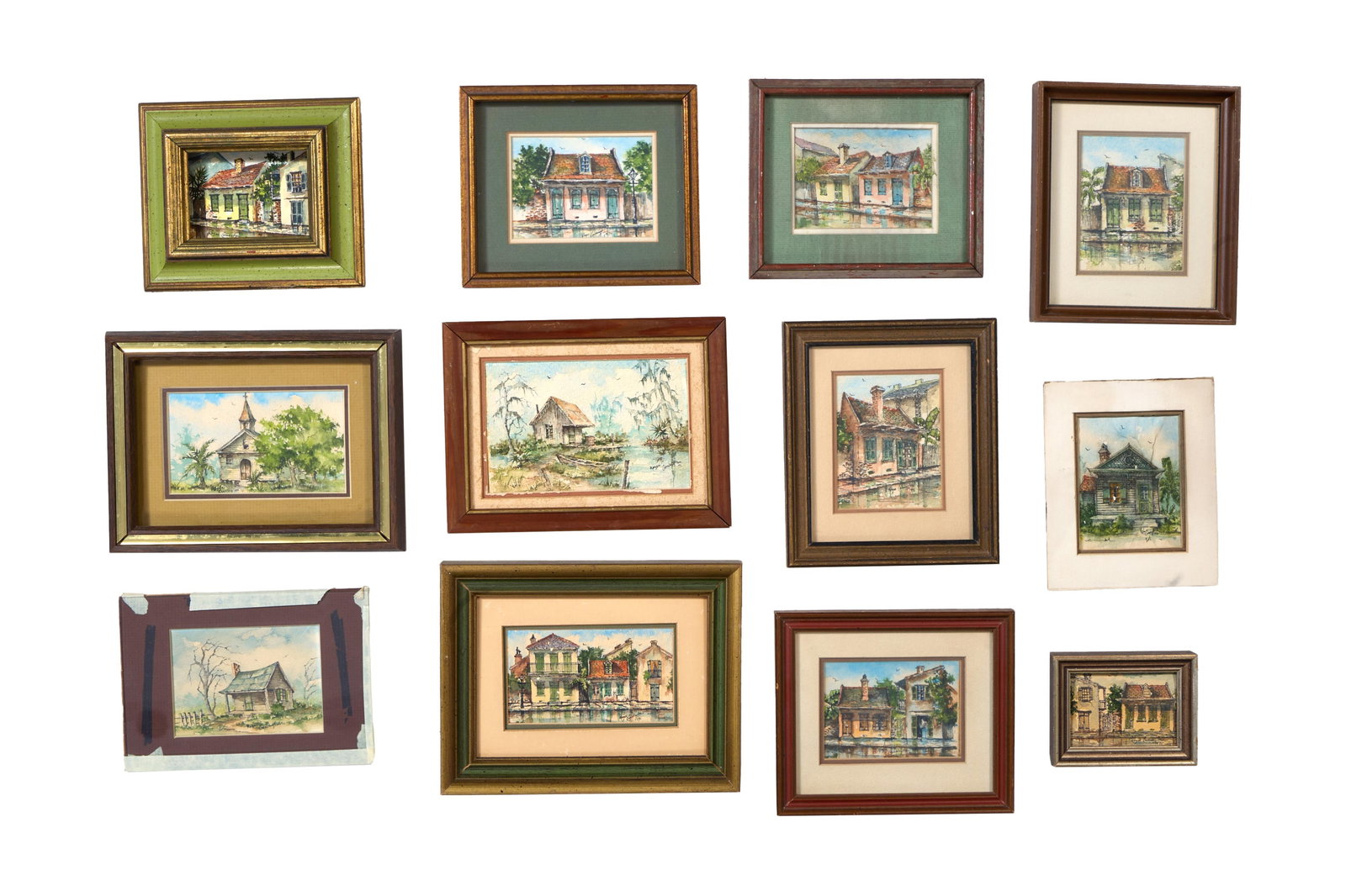 Roger Carrington (American/Louisiana, 20th Century), Twelve Small New Orleans and Louisiana Scenes,: Roger Carrington (American/Louisiana, 20th Century), Twelve Small New Orleans and Louisiana Scenes, watercolors on paper, each signed, all framed except for two, Largest- H.- 4 in., W.- 6 in., Framed