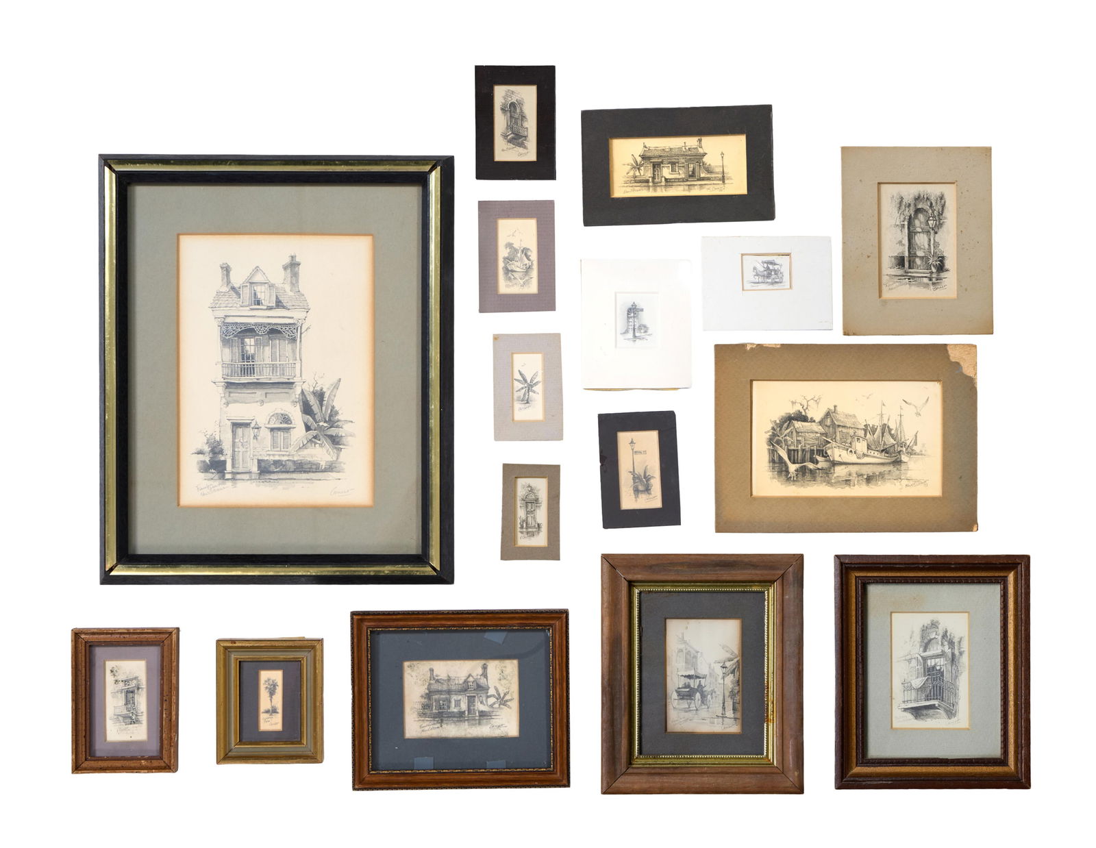 Frank Caruso (American/Louisiana, 20th Century), Sixteen Black and White Miniatures Depicting Scenes: Frank Caruso (American/Louisiana, 20th Century), Sixteen Black and White Miniatures Depicting Scenes of New Orleans and Louisiana, graphite on paper, each signed, six framed and nine presented in mats