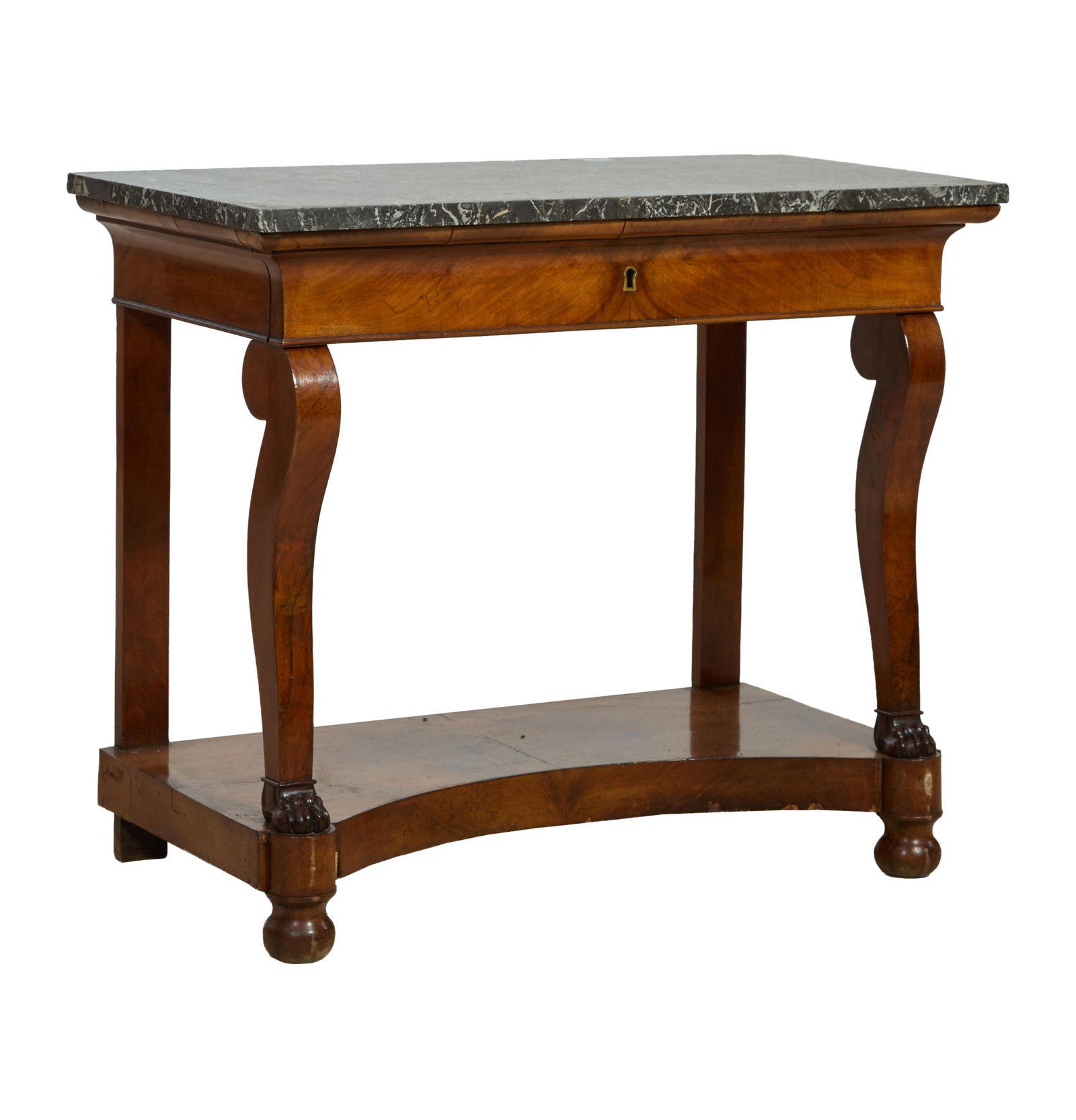 French Empire Marble Top Walnut Console, early 19th c., H.- 32 in., W.- 38 1/2 in., D.- 19 1/4 in. (1 of 2)