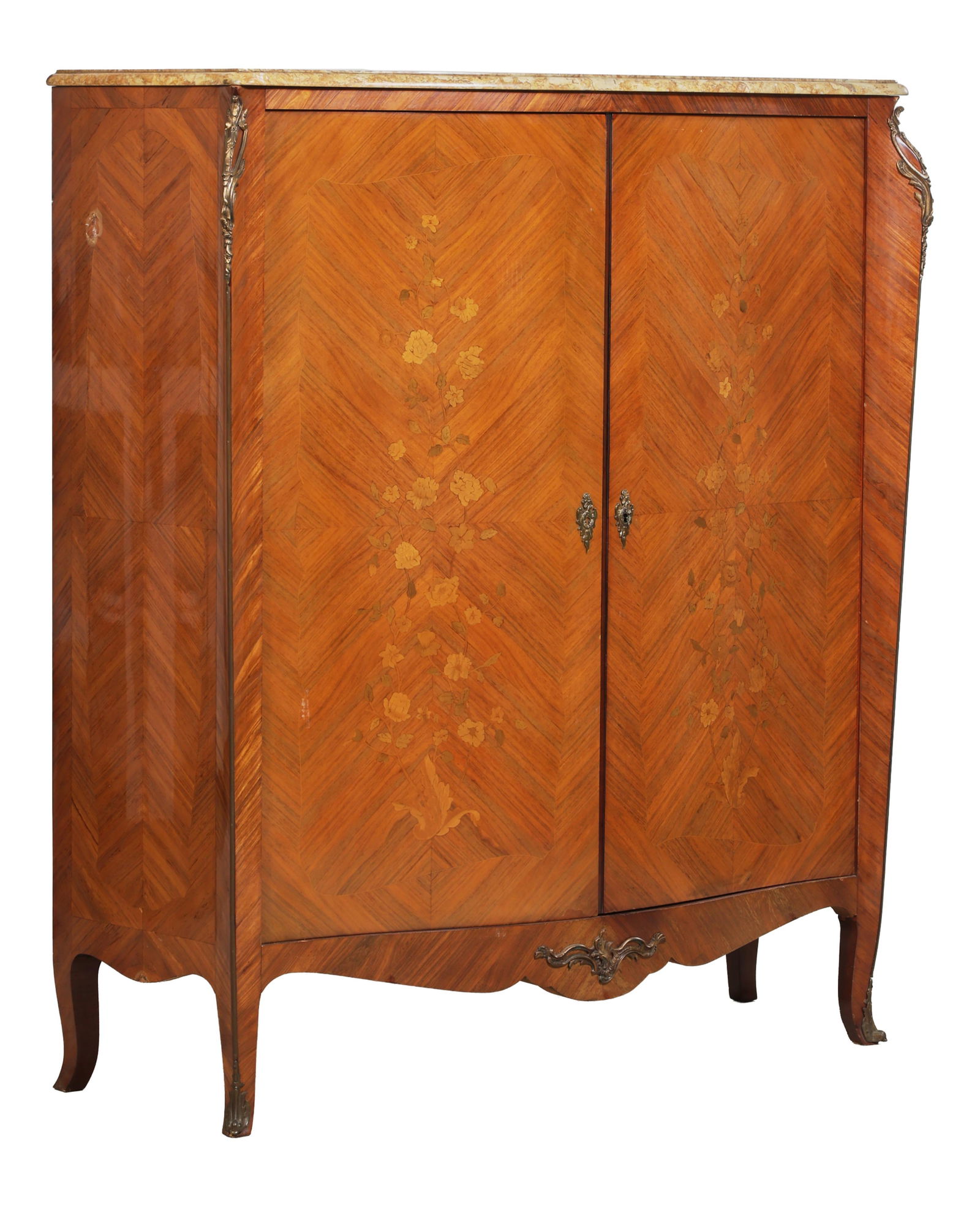 French Louis XV/XVI Transitional Style Marble Top Parquetry Marquetry Armoire, early/mid 20th c., (1 of 2)