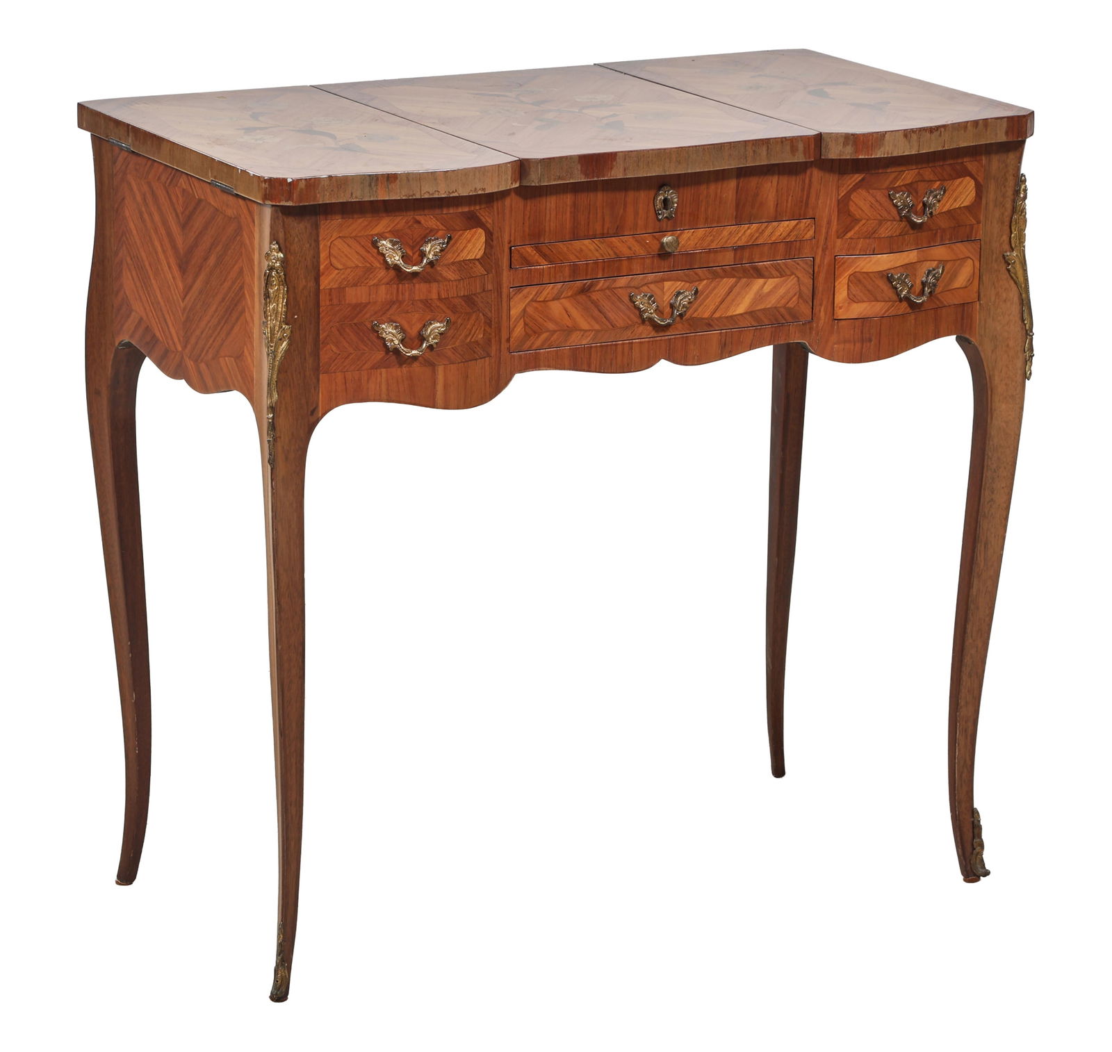 French Louis XV Style Ormolu Mounted Parquetry Marquetry Poudreuse, mid 20th c., Open- H.- 45 1/2 (1 of 3)