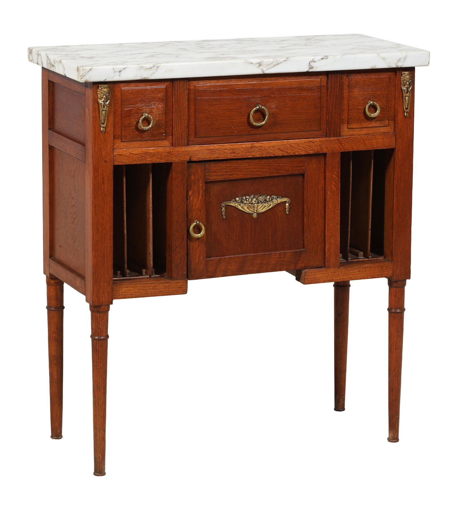 French Louis XVI Style Marble Top Oak Side Table, 20th c., H.- 32 1/8 in., W.- 28 7/8 in., D.- 13 (1 of 4)