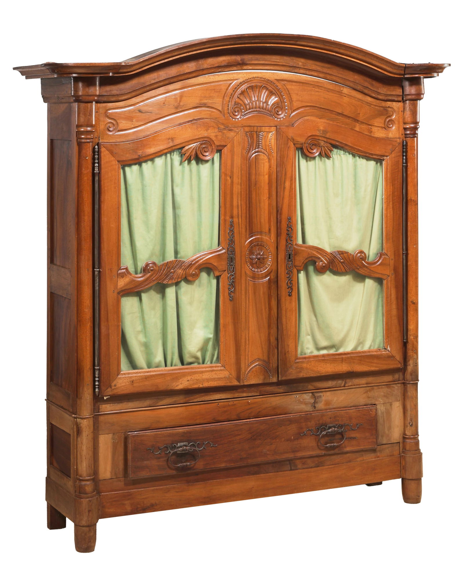 French Empire Chapeau De Gendarme Walnut Bookcase, mid 19th c., H.- 76 in., W.- 66 in. (1 of 2)