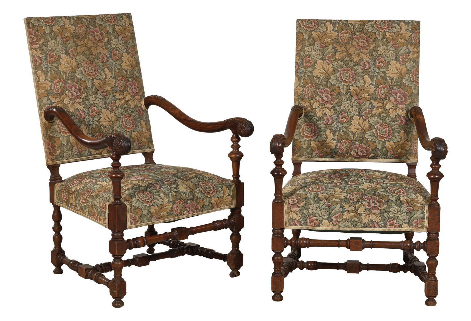 Pair of French Henri II Style Fauteuils, late 19th c., Each- H.- 42 1/4 in., W.- 26 1/2 in., D.- 26 (1 of 2)