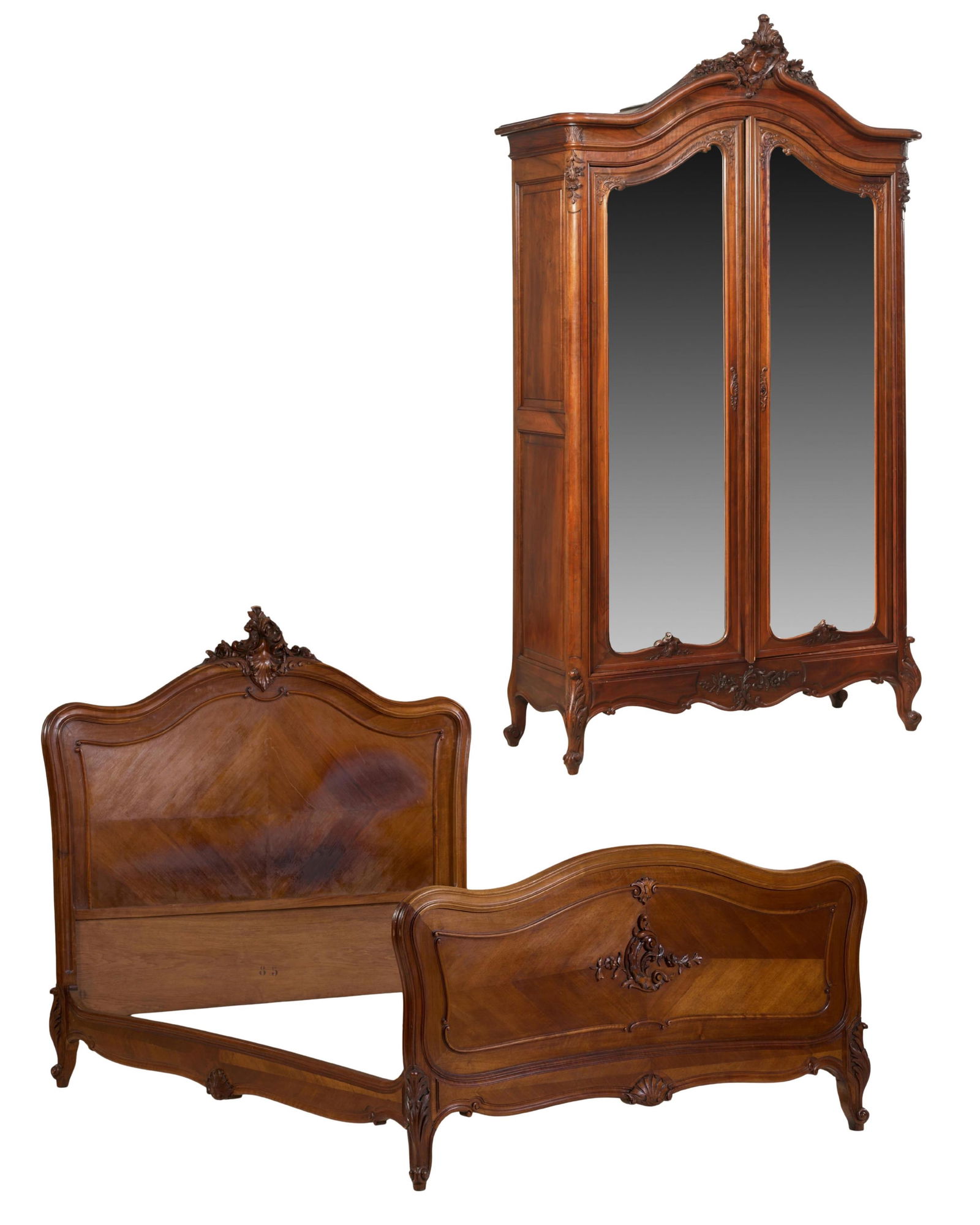 Two Piece Louis XV Style Parquetry Walnut Bedroom Group, mid 20th c., Bed- H.- 59 1/2 in., Int. W.- (1 of 7)