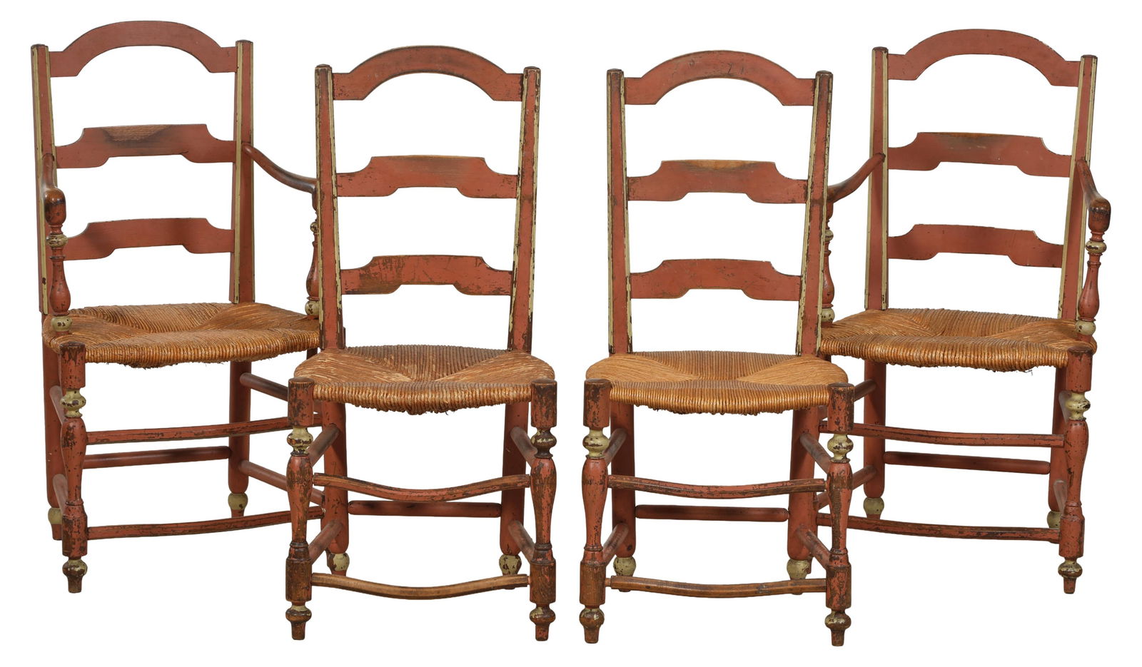 Set of Four French Provincial Polychromed Ladder Back Chairs, 19th c., Arm- H.- 40 1/2 in., W.- 22 (1 of 3)