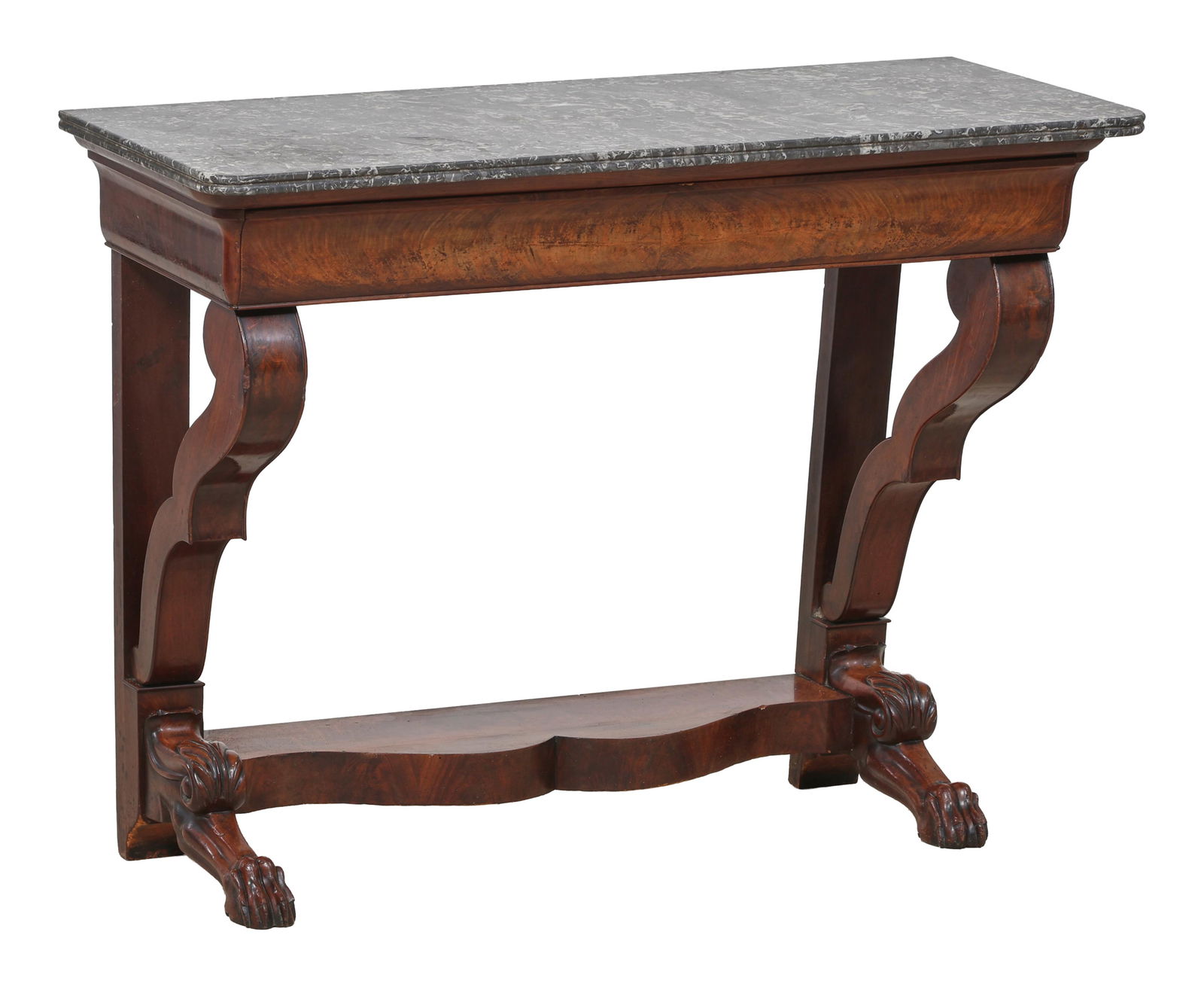 French Empire Marble Top Walnut Console, mid 19th c., H.- 33 3/4 in., W.- 45 in., D.- 17 1/2 in. (1 of 3)