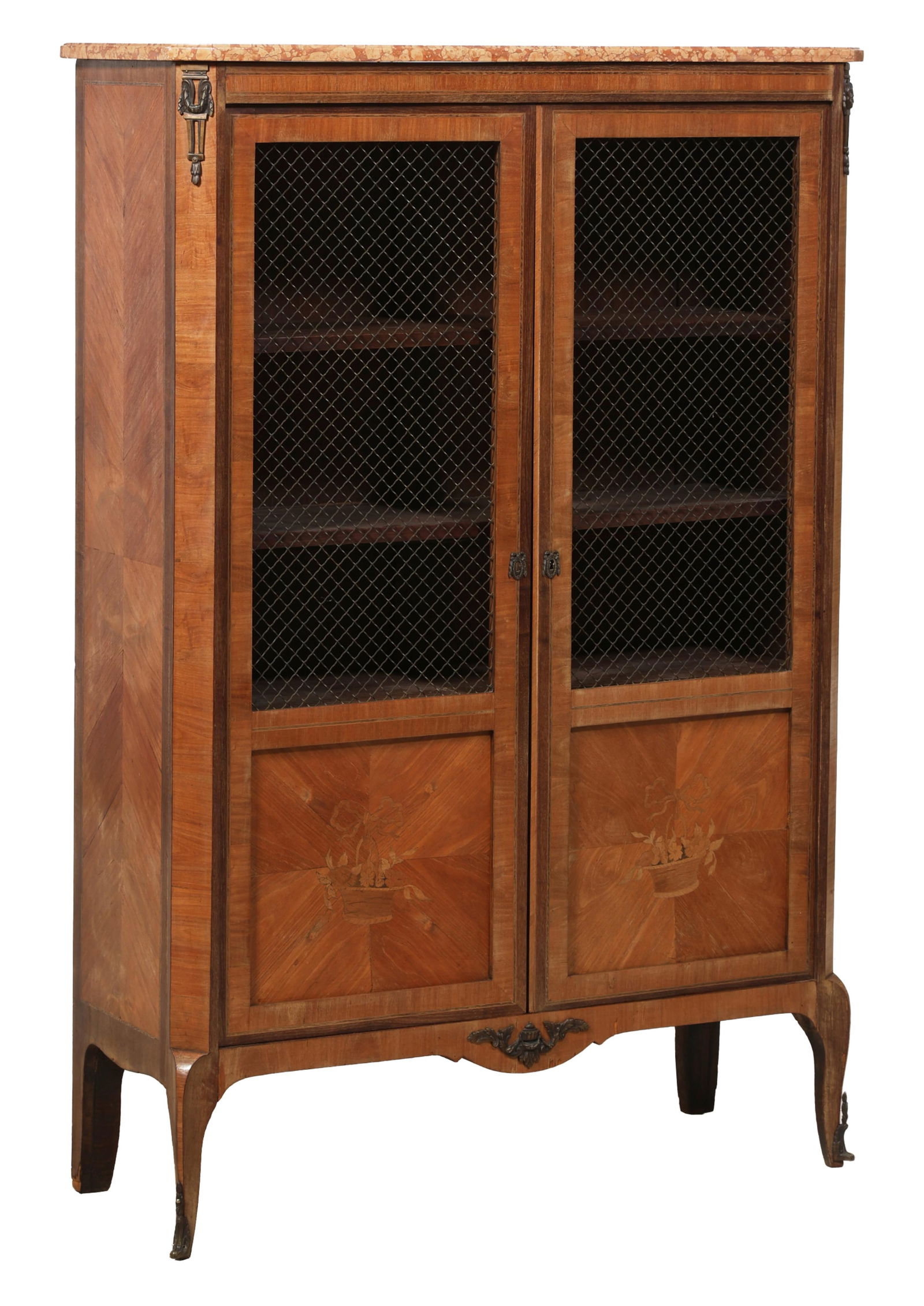 French Louis XV/XVI Transitional Ormolu Mounted Marquetry Parquetry Marble Top Bookcase, late 19th (1 of 3)