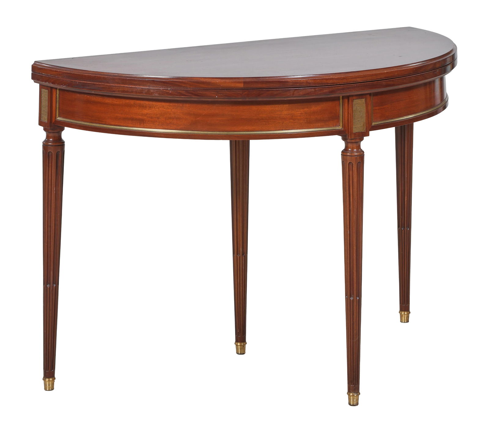 French Louis XVI Style Brass Mounted Demilune Games Table, mid 19th c., Closed- H.- 30 in., W.- 43 (1 of 2)