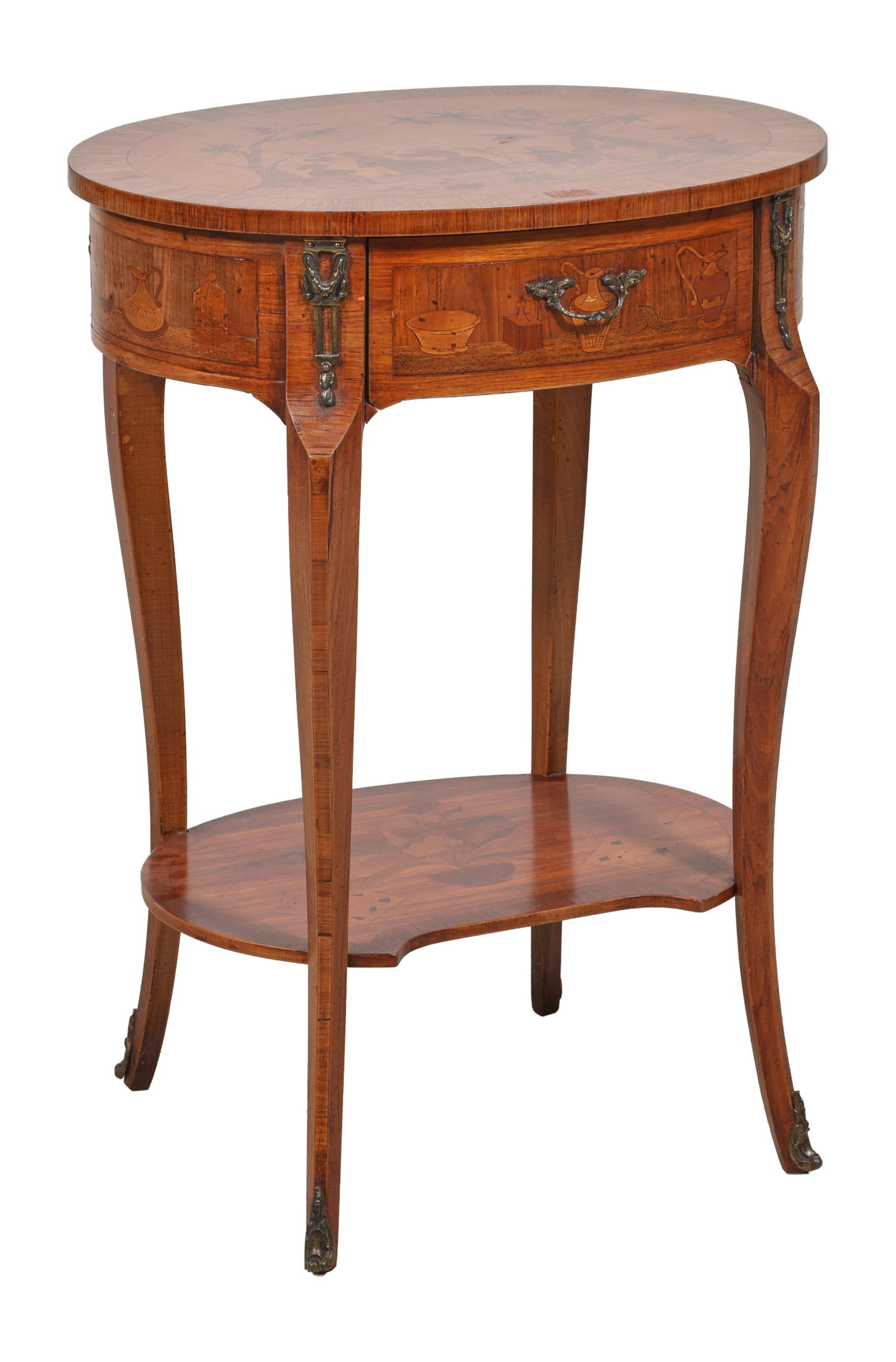 French Louis XV Style Parquetry Marquetry Side Table, late 19th c., H.- 28 in., W.- 20 3/4 in., D.-: French Louis XV Style Parquetry Marquetry Side Table, late 19th c., the scenic inlaid oval top with single frieze drawer, mounted stiles, lower medial inlaid shelf, cabriole legs with sabot, H.- 28 in