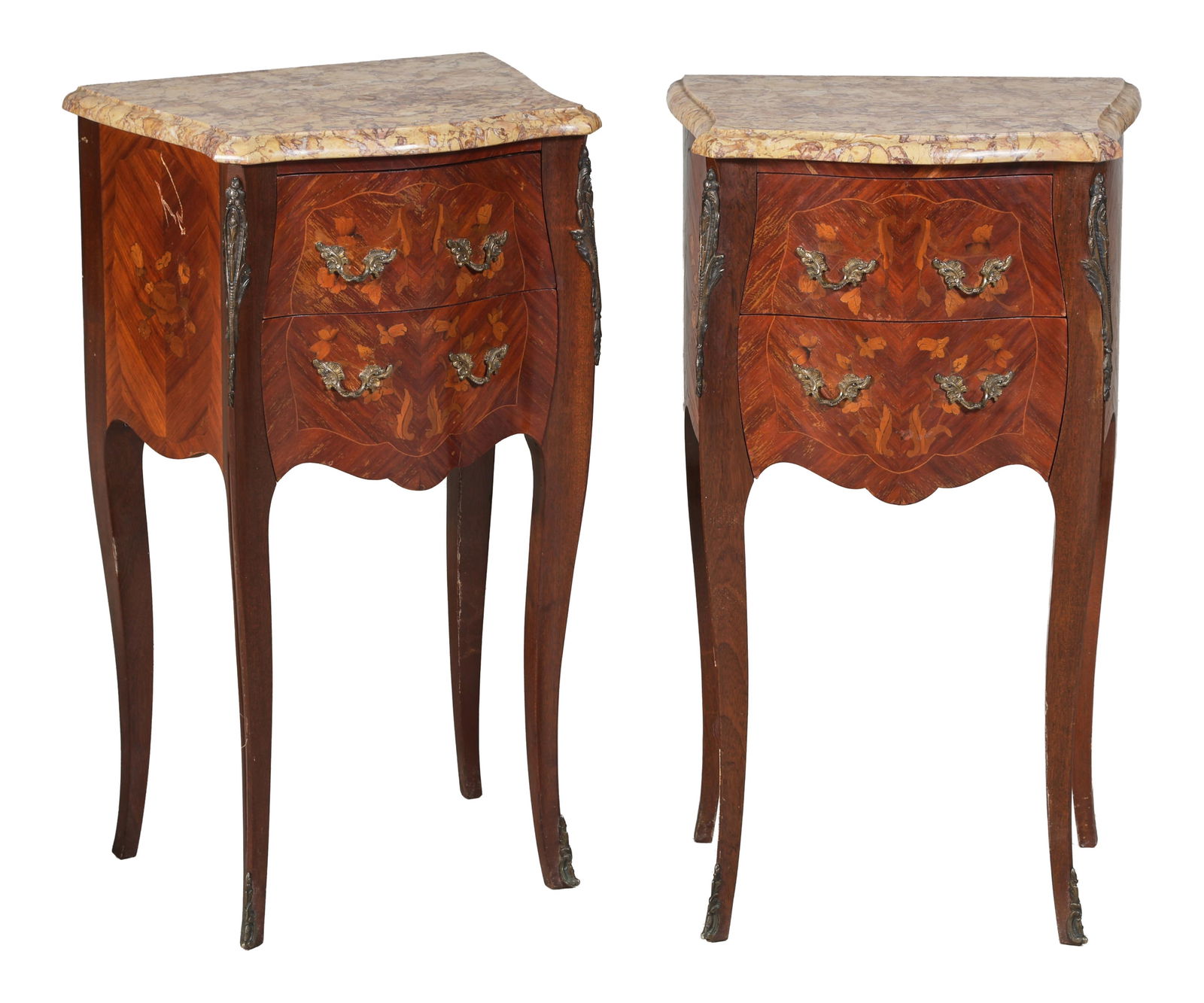 Pair of Louis XV Style Inlaid Walnut Bombe Marble Top Nightstands, 20th c., Each- H.- 29 in., W.- 13 (1 of 2)