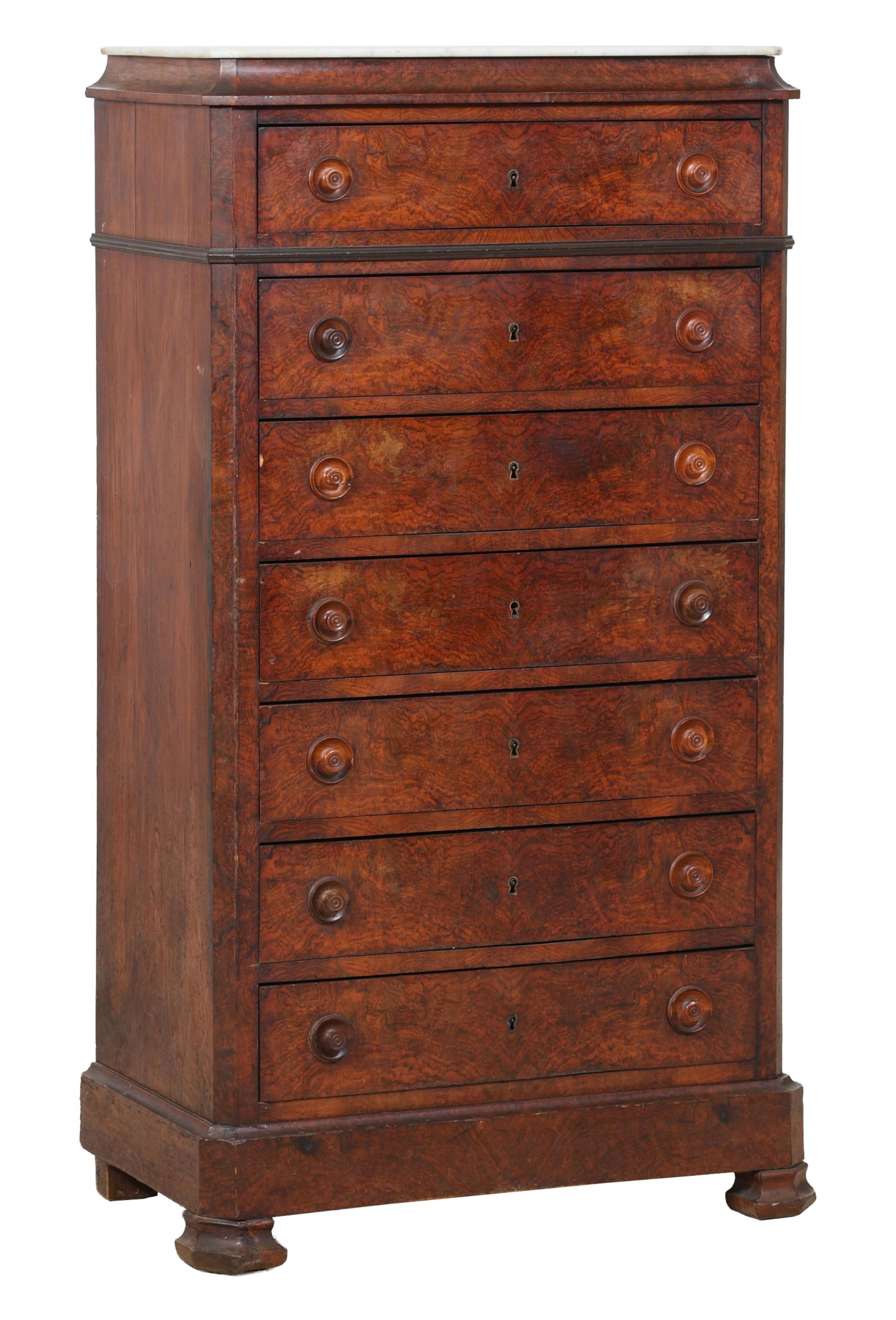 French Louis Philippe Marble Top Burl Walnut Semainier, mid 19th c., H.- 52 1/2 in., W.- 28 1/4 in., (1 of 2)