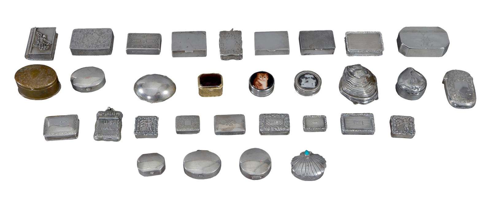Group of Thirty-One Small Boxes, 19th/20th c., App. Total Sterling Wt.- 12.02 Troy oz. (31 Pcs.): Group of Thirty-One Small Boxes, 19th/20th c., consisting of 12 British sterling pillboxes, or various makers; a British sterling match safe by Adolph Frankau & Co., Birmingham, 1901; 9 American sterl