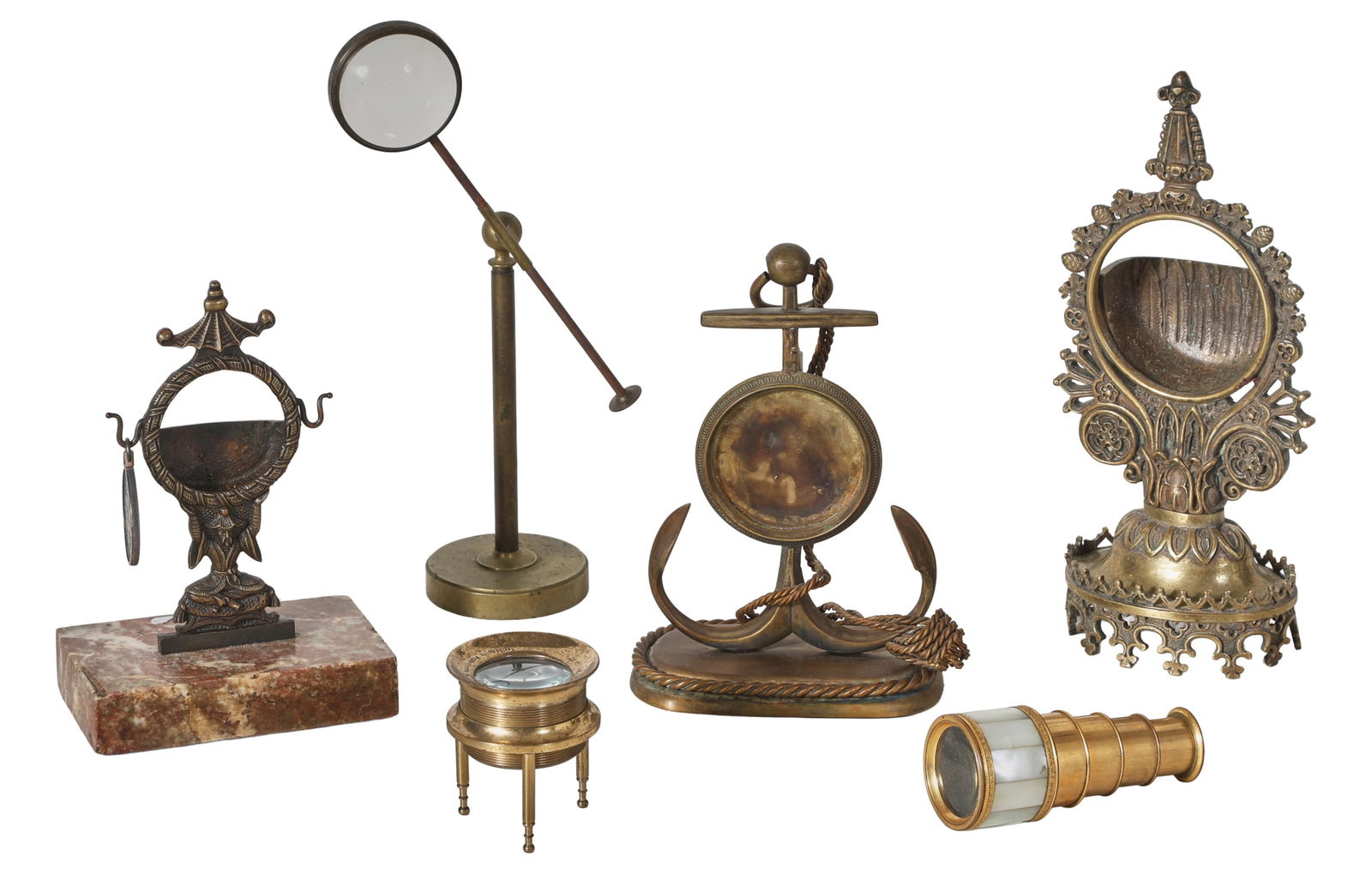 Group of Six Brass Items, 19th c., Largest Stand- H.- 8 in., W.- 3 3/8 in., D.- 2 5/8 in. (6 Pcs.) (1 of 6)