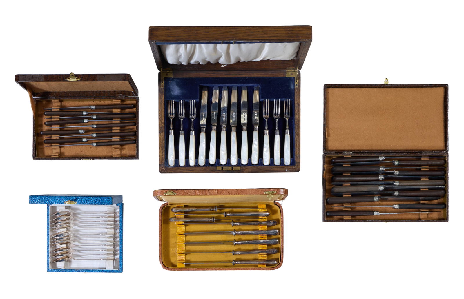 Group of Five Cased Flatware Sets, 19th/20th c., Largest Case- H.- 2 1/2 in., W.- 12 in., D.- 8 1/2 (1 of 6)