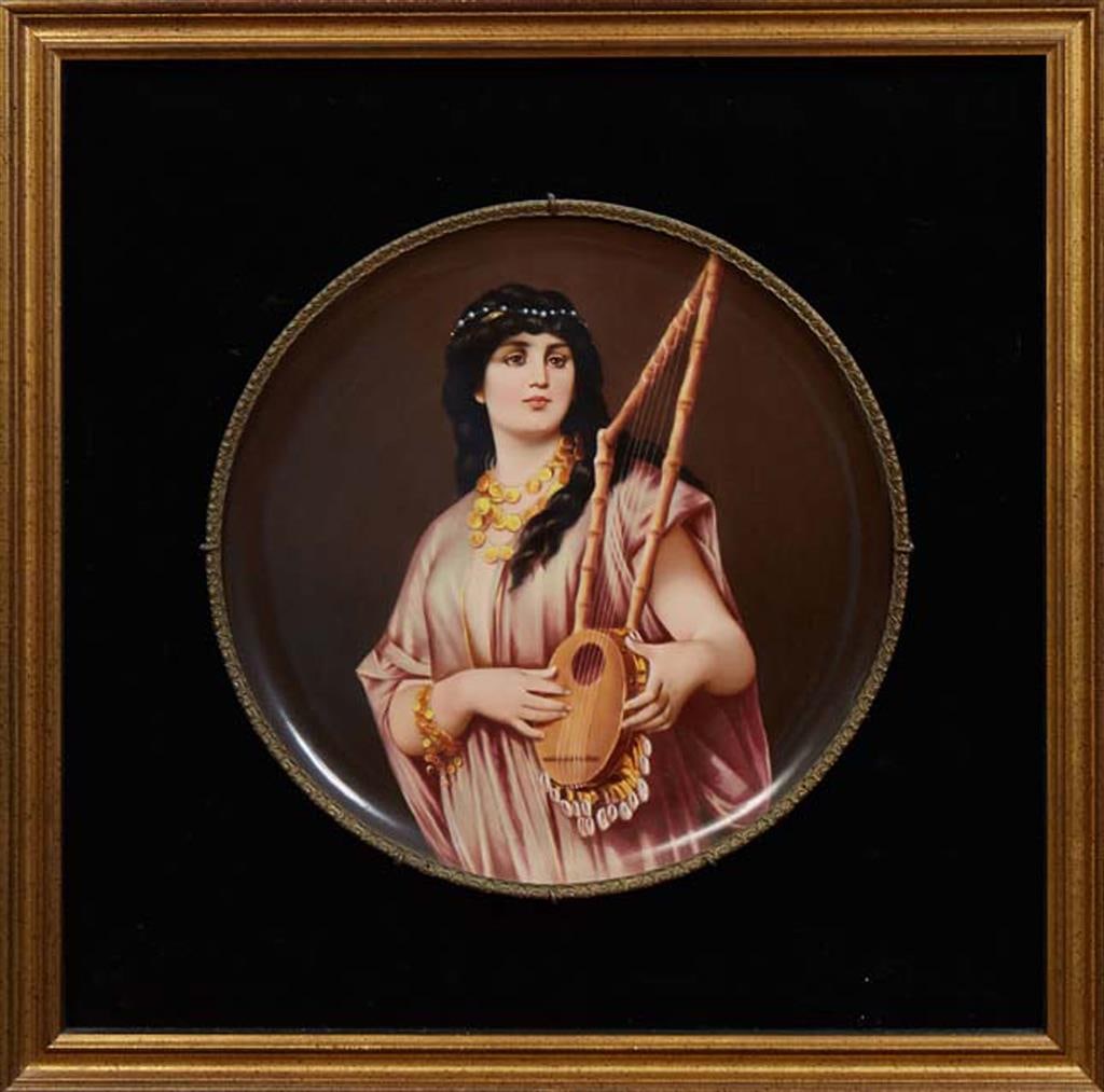Royal Vienna Hand Painted Porcelain Charger, 19th c., Charger- H.- 1 in., Dia.- 16 in., Framed- H.- (1 of 3)