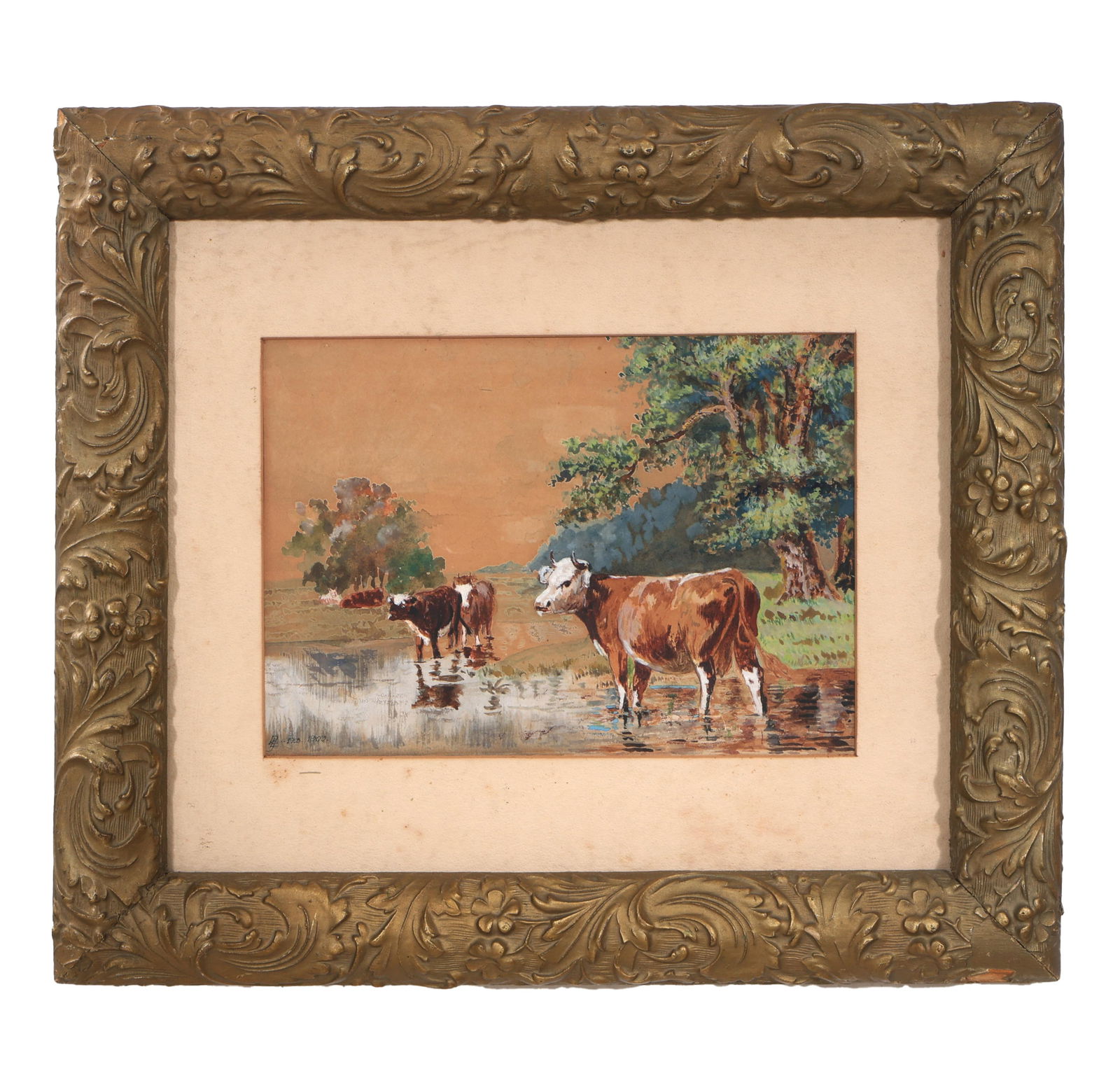 American School (Early 20th Century), "Cattle Pasturing," 1909, Sight- H.- 7 in., W.- 9 1/2 in., (1 of 4)
