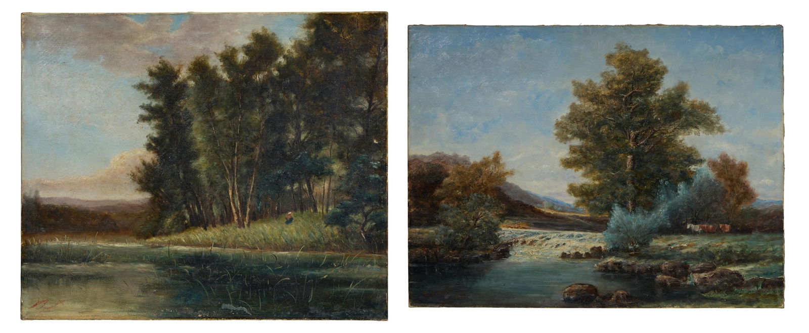 French School (Late 19th/Early 20th Century), Two Landscape Paintings, "River Scene with Mountains: French School (Late 19th/Early 20th Century), Two Landscape Paintings, "River Scene with Mountains and Cattle" and "River Scene with Figure on the Banks," each oil on canvas, the first signed lower le