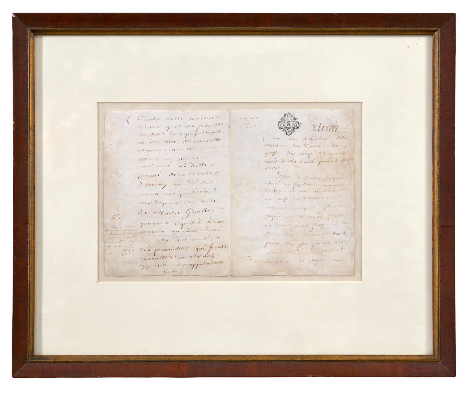 1777 French Legal Document, Sheet- H.- 9 1/4 in., W.- 13 in., Framed- H.- 20 in., W.- 24 in. (1 of 7)
