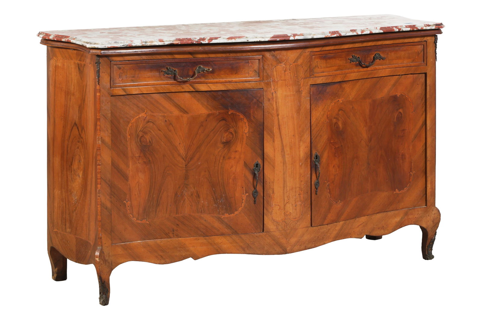 Italian Marble Top Parquetry Walnut Serpentine Sideboard, mid 19th c., H.- 39 1/2 in., W.- 65 in., (1 of 2)