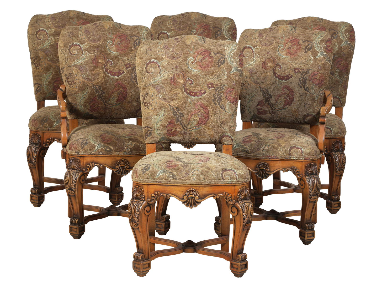 Six Renaissance-Inspired Dining Chairs, 21st c., Armchair- H.- 42 in., W.- 23 in., D.- 20 in.; Side (1 of 4)