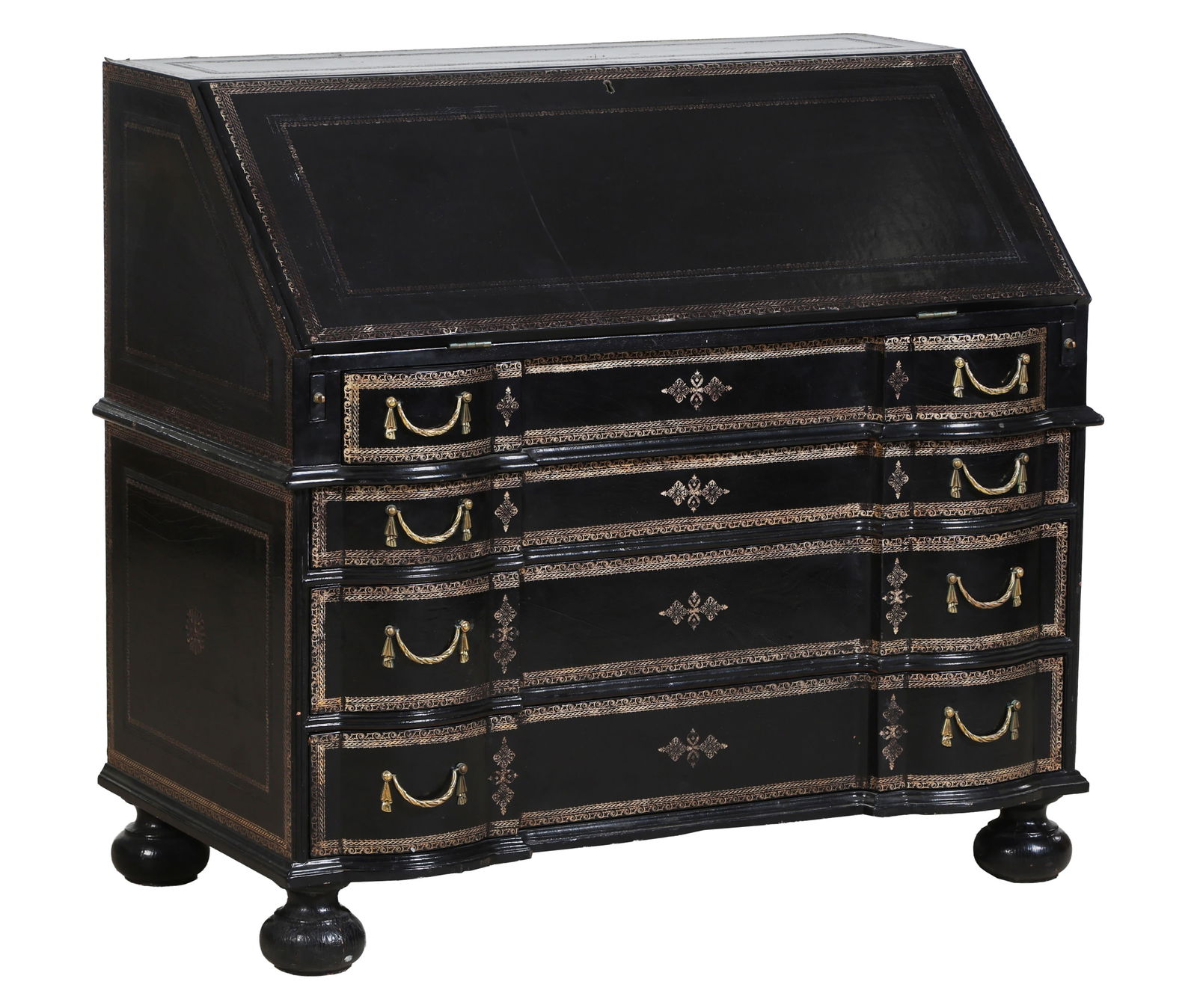 Tooled Leather Fall Front Desk, 20th c., H.- 38 in., W.- 42 in., D.- 22 in. (1 of 2)