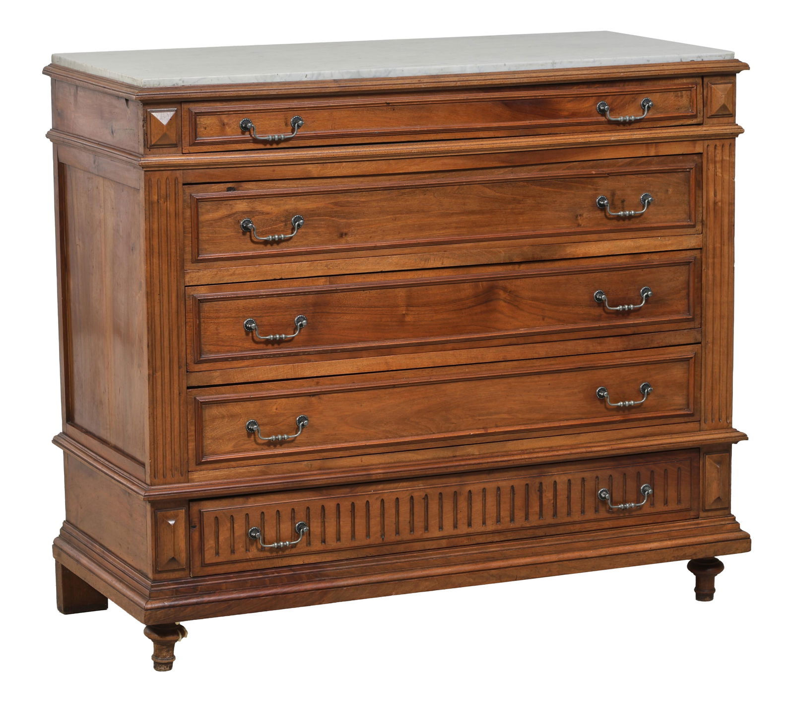 French Napoleon III Style Marble Top Carved Walnut Commode, late 19th c., H.- 41 in., W.- 47 in., (1 of 2)