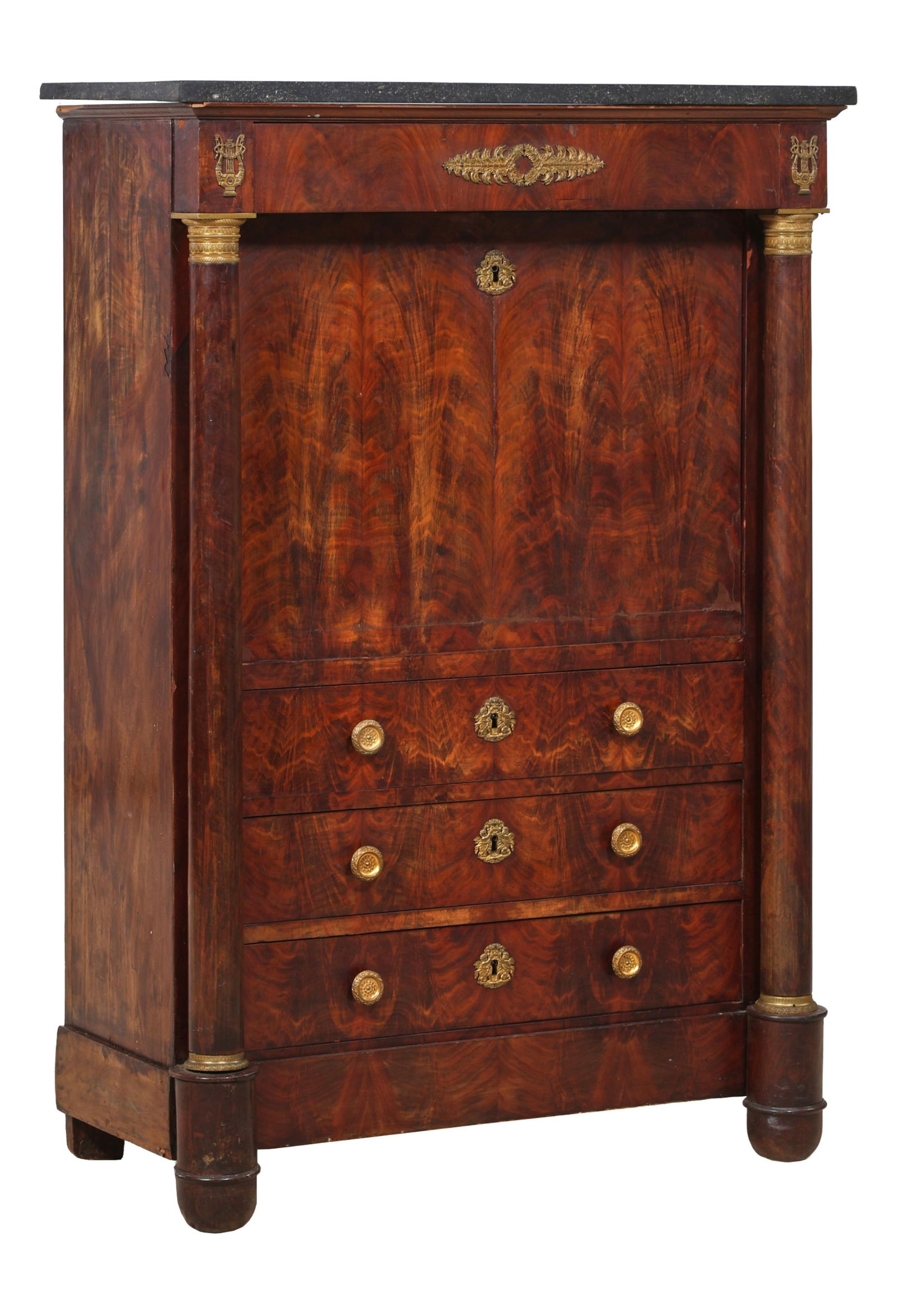 French Empire Ormolu Mounted Marble Top Walnut Secretaire a Abattant, Early 19th c., H.- 56 5/8 in., (1 of 3)