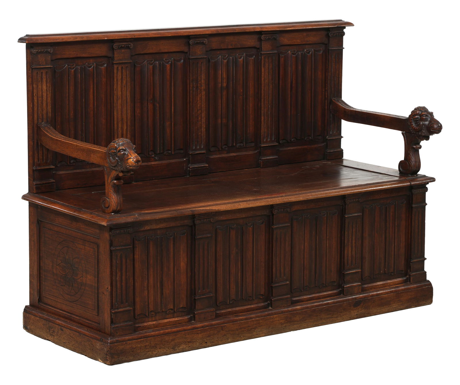 French Renaissance Style Carved Walnut Hall Bench, late 19th c., H.- 39 1/2 in., W.- 55 1/2 in., D.- (1 of 4)