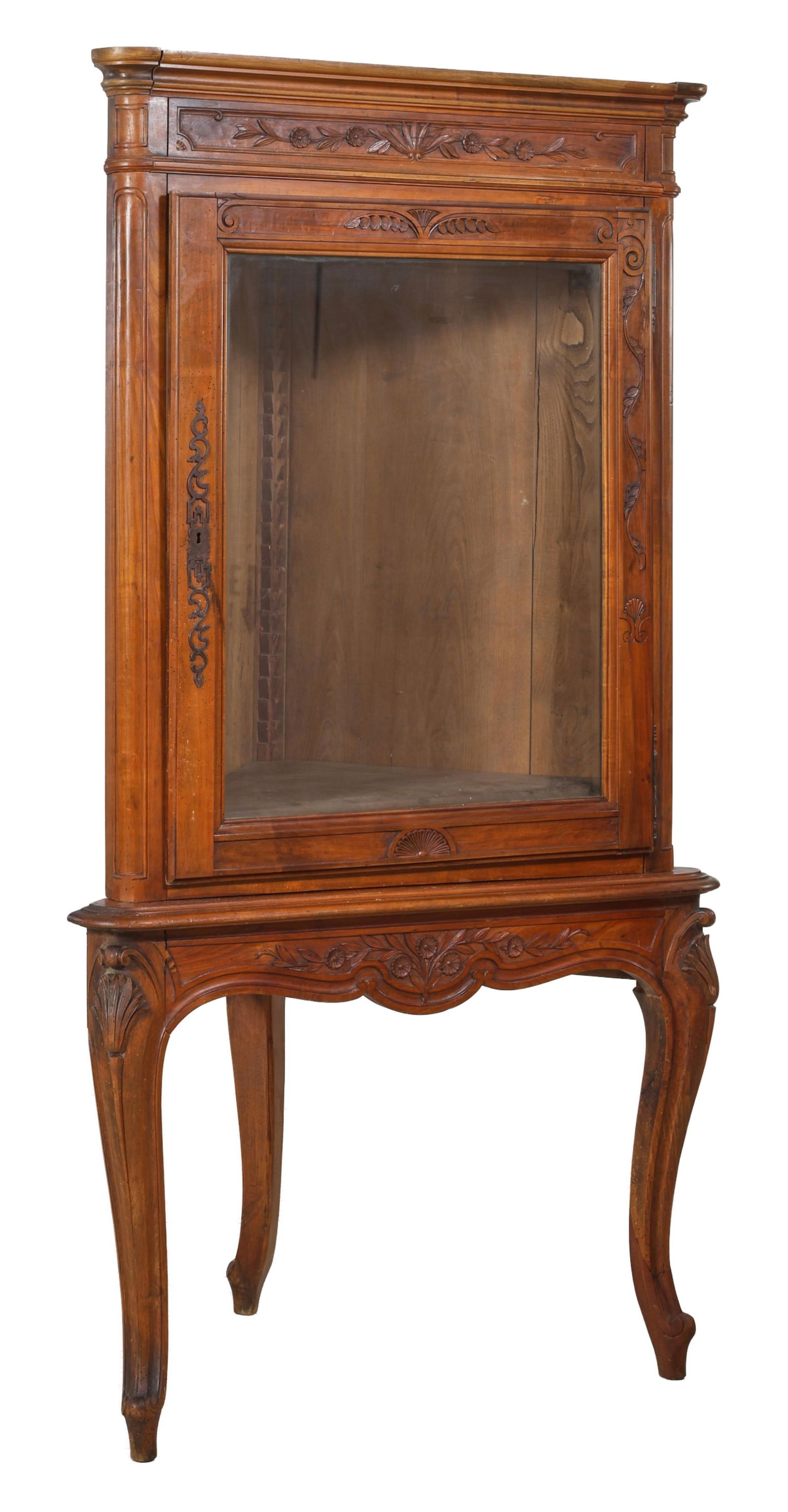 French Provincial Louis XV Style Cherry Corner Vitrine, mid 19th c., H.- 79 1/4 in., W.- 44 in., D.- (1 of 4)