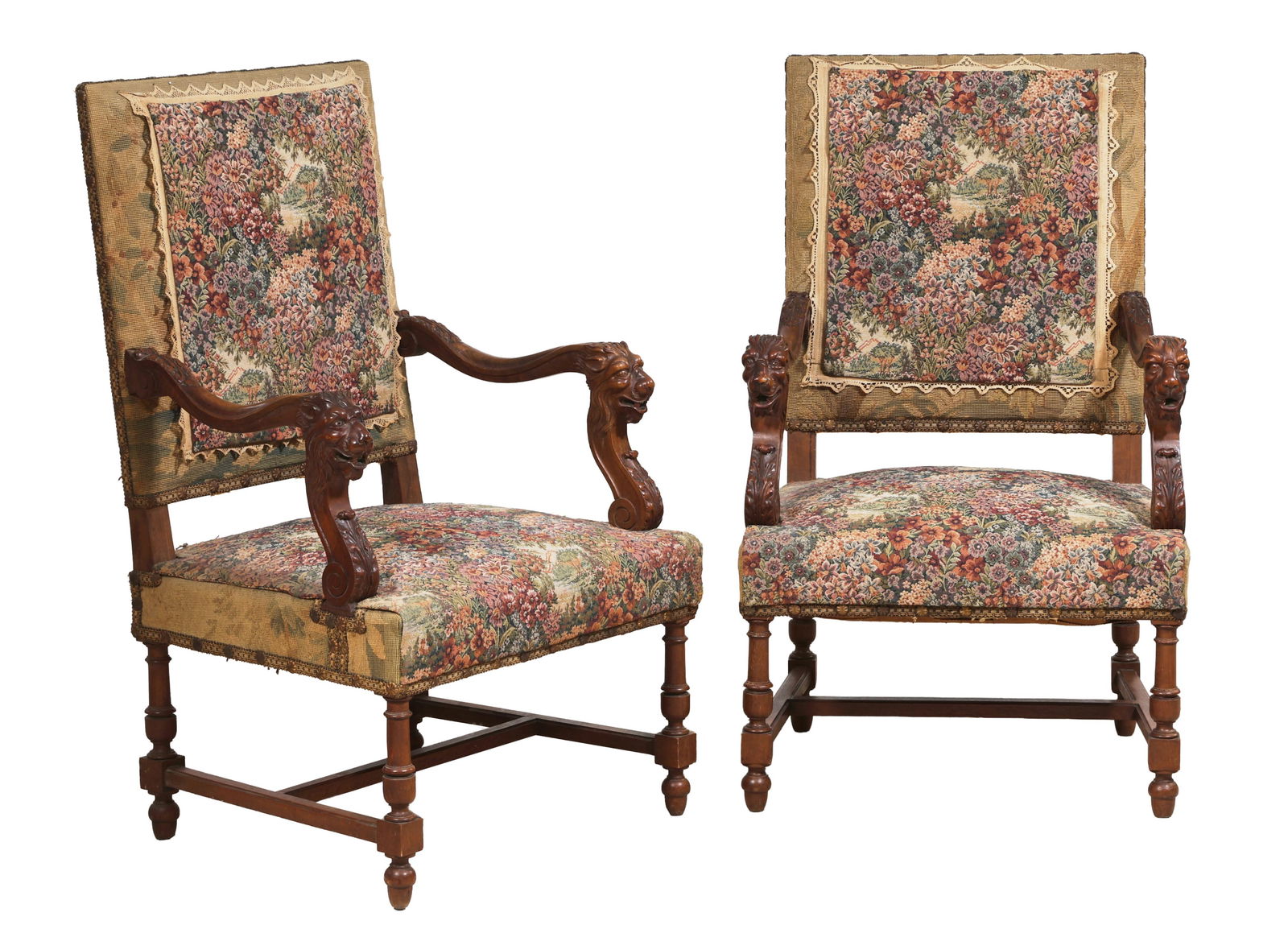 Pair of French Renaissance Style Fauteuils, late 19th c., Each- H.- 44 in., W.- 27 in., D.- 25 1/2 (1 of 3)