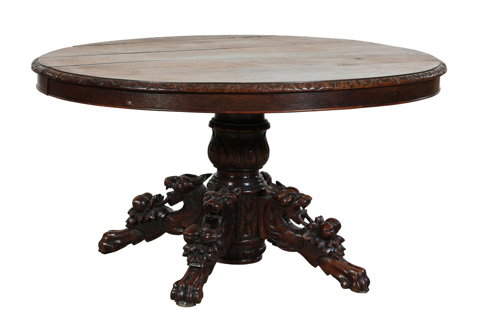 French Henri II Style Carved Oak Dining Table, late 19th c., H.- 28 in., Dia.- 50 in. (1 of 2)