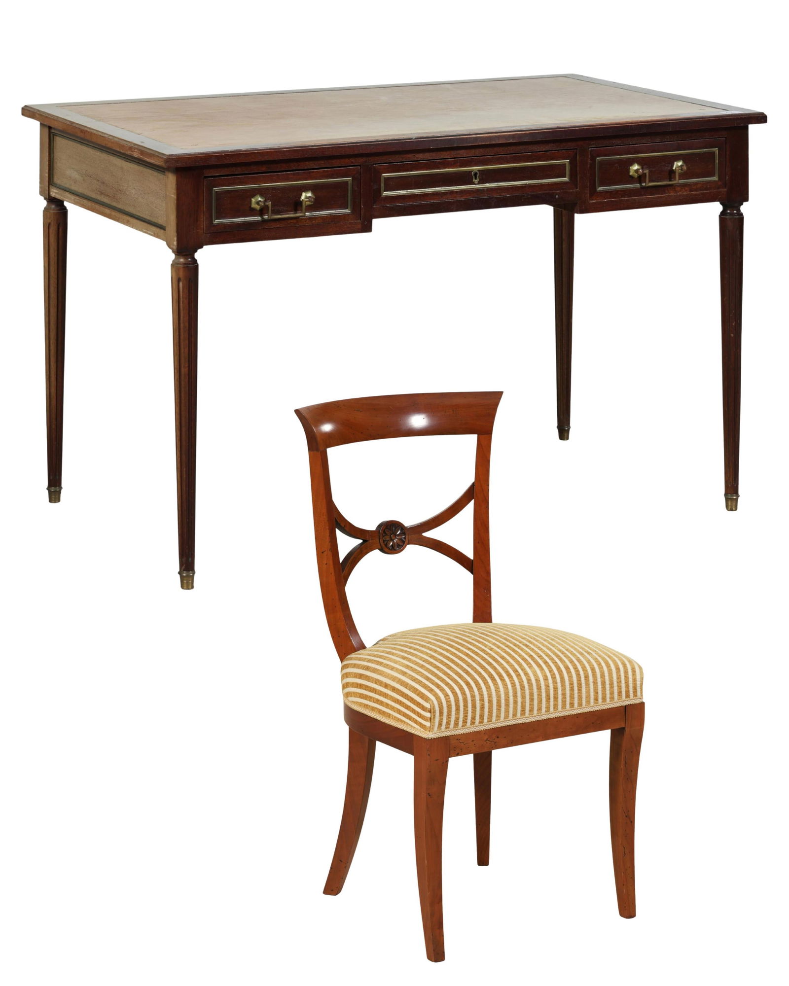 French Louis XVI Style Desk and French Regency Style Chair, 20th c., Table- H.- 29 1/2 in., W.- 46 (1 of 5)