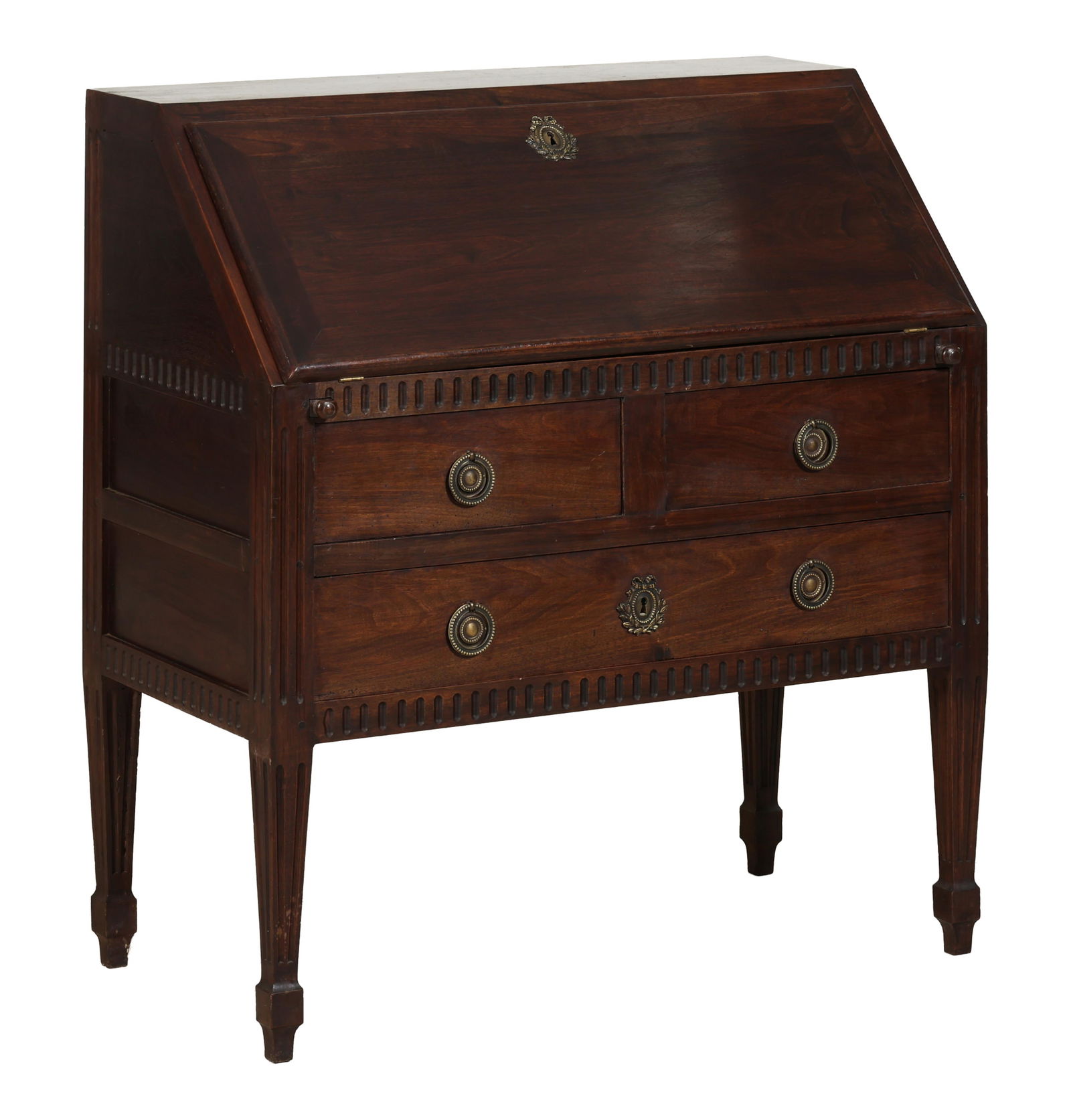 French Louis XVI Style Walnut Fall Front Desk, mid 19th c., H.- 37 in., W.- 34 1/4 in., D.- 18 in. (1 of 2)