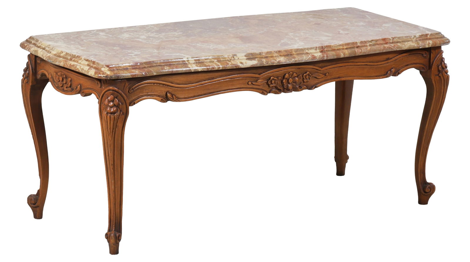 French Louis XV Style Marble Top Low Table, mid 20th c., H.- 18 3/4 in., W.- 43 in., D.- 20 in. (1 of 4)