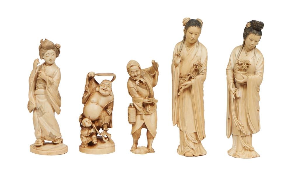 Group of Five Japanese Ivory Figures, 20th c., Tall Pair- H.- 10 1/2 in., W.- 2 3/8 in., D.- 2 in. (1 of 1)