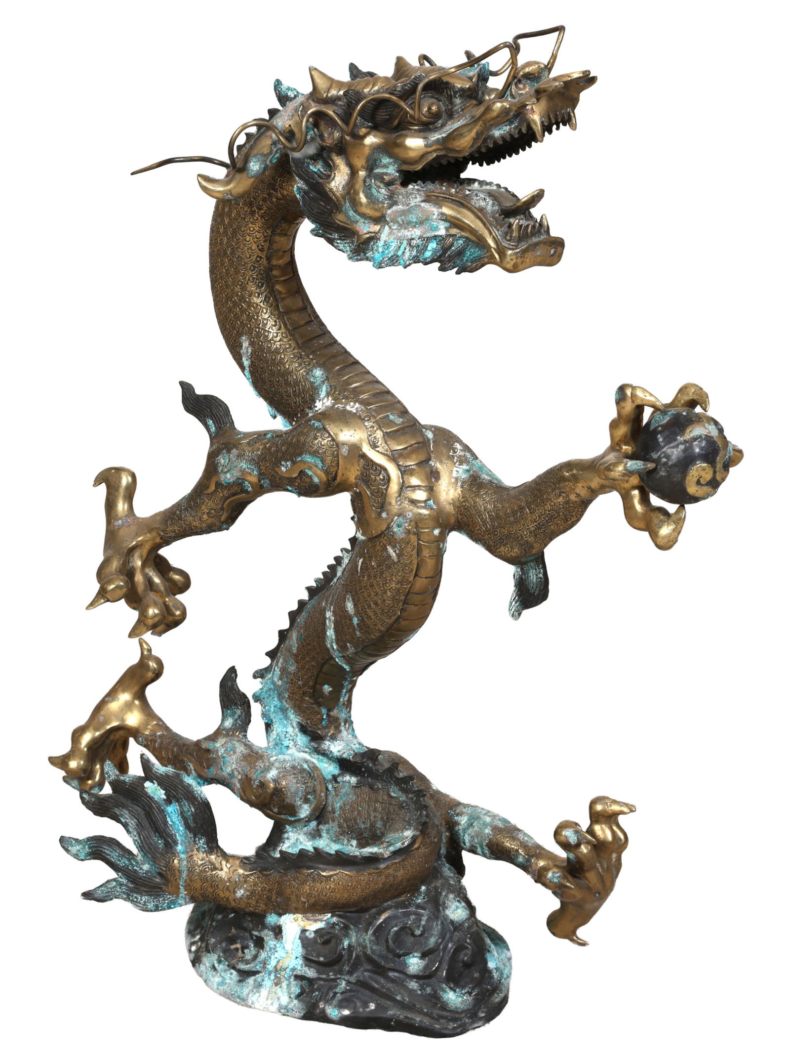 Large Patinated Brass Dragon Statue, 20th c., H.- 28 1/2 in., W.- 11 in., D.- 23 in. (1 of 4)