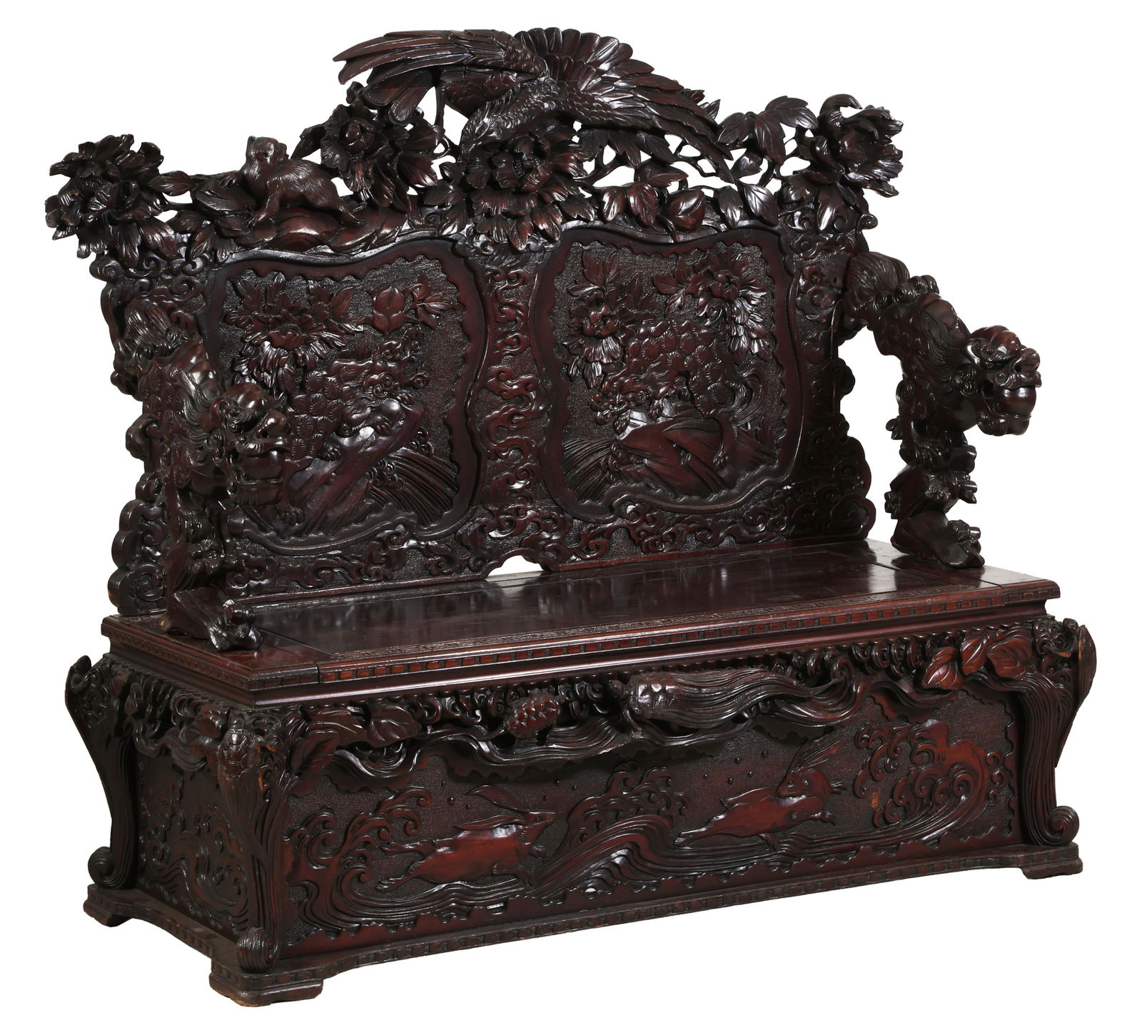 Chinese Highly Relief Carved Rosewood Settee, early to mid 20th c., H.- 52 in., W.- 61 in., D.- 26 (1 of 5)