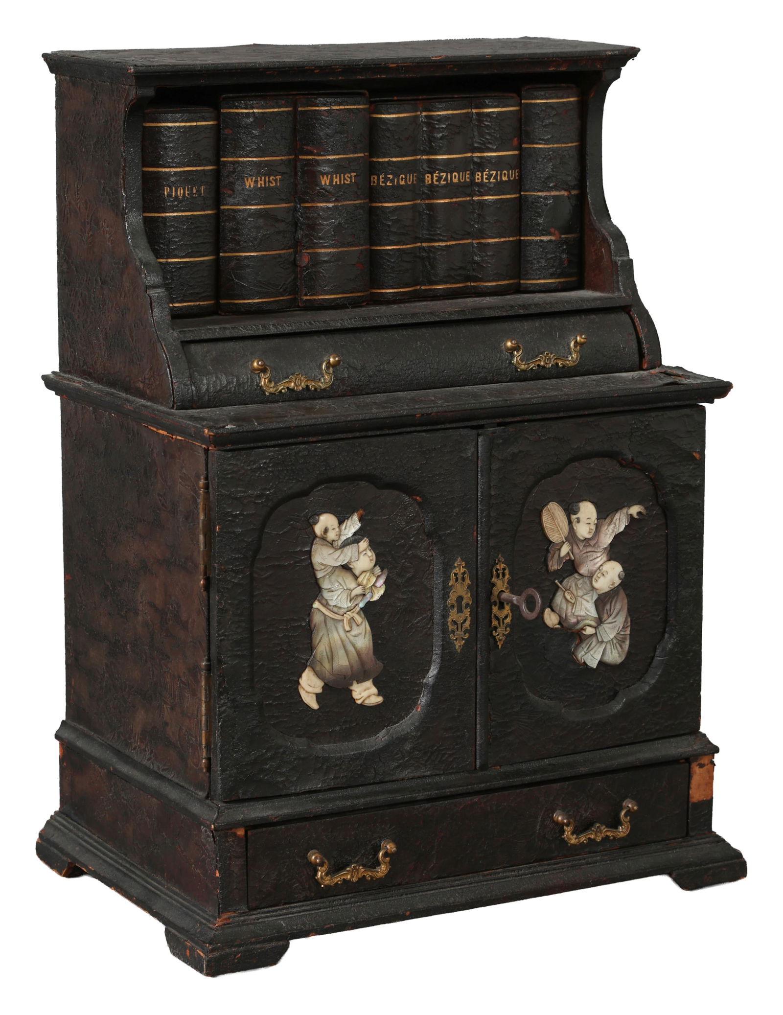 Small French Chinoiserie Embossed Leather Mother of Pearl Inlaid Games Cabinet, mid 19th c., H.- 16 (1 of 6)