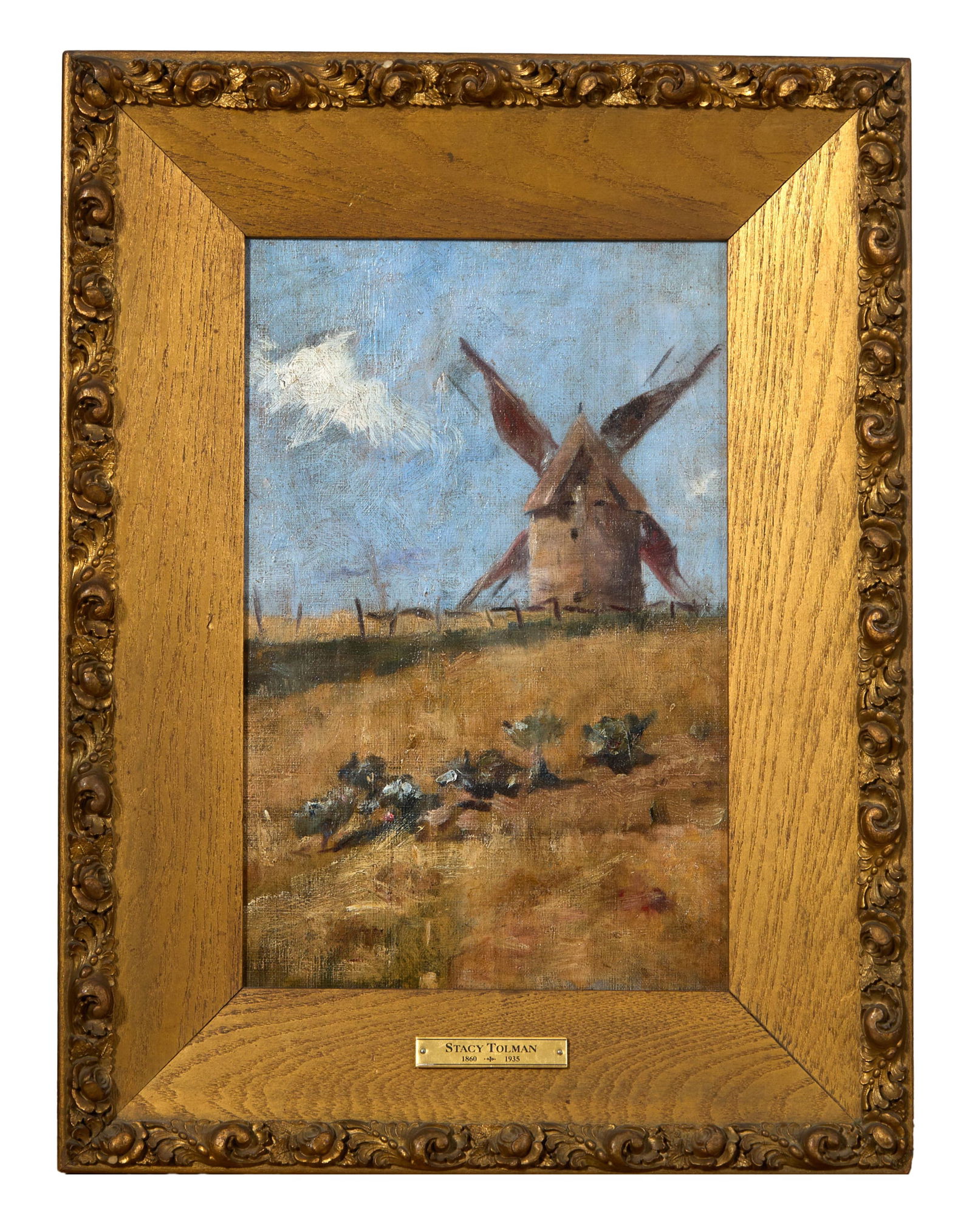 Attributed to Stacy Tolman (American, 1860-1935), "Windmill with Chickens in the Foreground," H.- 12: Attributed to Stacy Tolman (American, 1860-1935), "Windmill with Chickens in the Foreground," oil on canvas, unsigned, presented in a giltwood frame with a brass artist plaque, H.- 12 3/4 in., W.- 8 3
