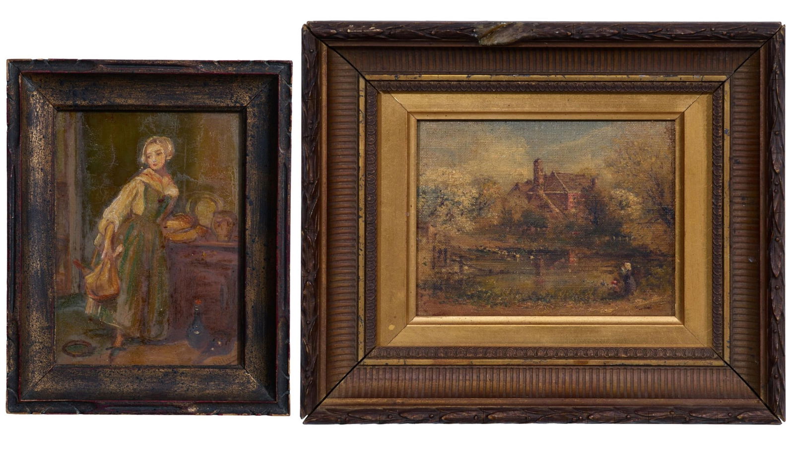Two 19th Century Homestead Paintings, First Sight- H.- 6 in., W.- 4 1/2 in., Framed- H.- 1/4 in., (1 of 10)