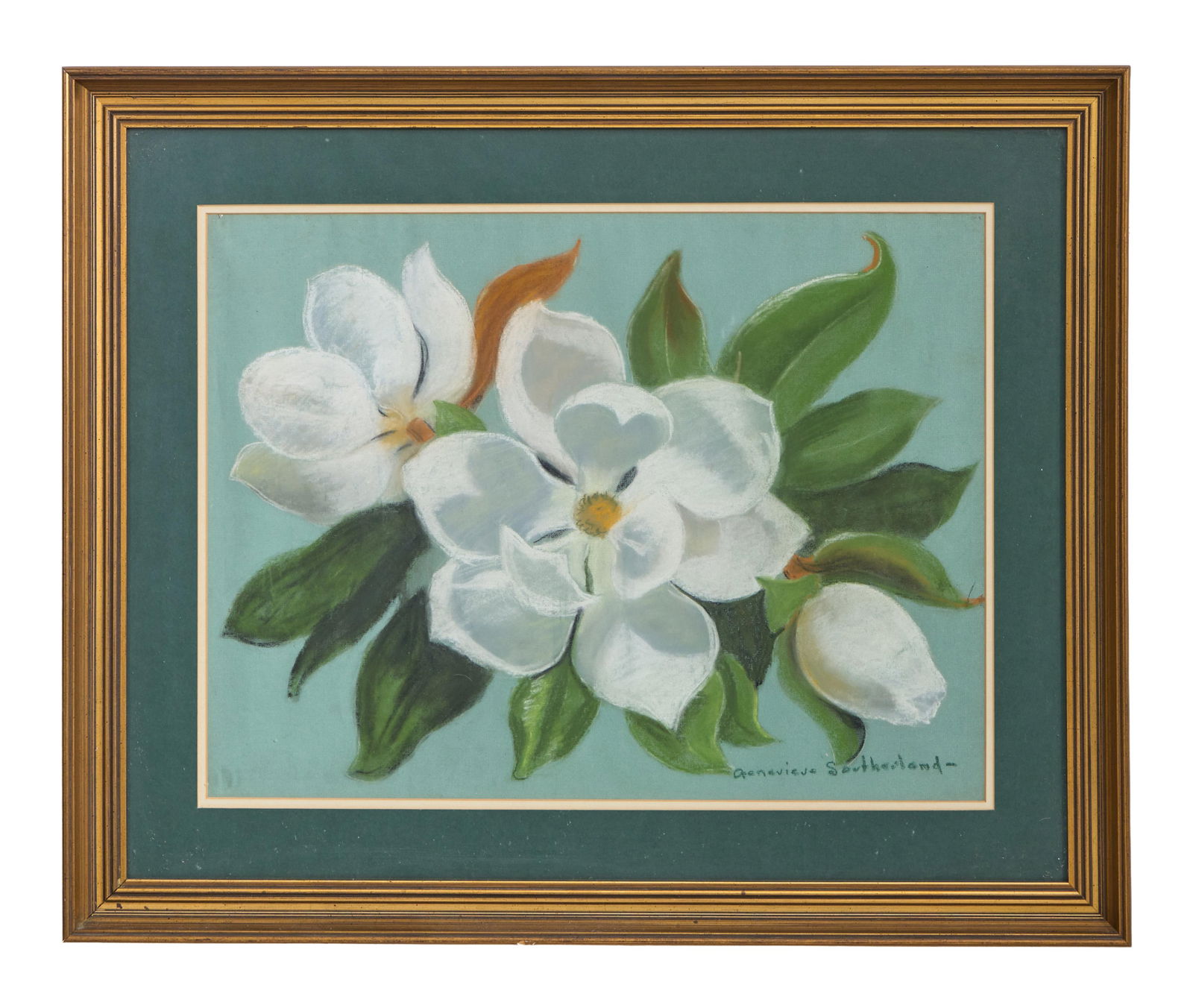 Genevieve Southerland (American/Alabama/Pennsylvania, 1895-1953), "Southern Magnolia," Sight- H.- 18: Genevieve Southerland (American/Alabama/Pennsylvania, 1895-1953), "Southern Magnolia," color pastel and charcoal on paper, signed lower right, presented in a green mat and giltwood frame, Sight- H.- 1