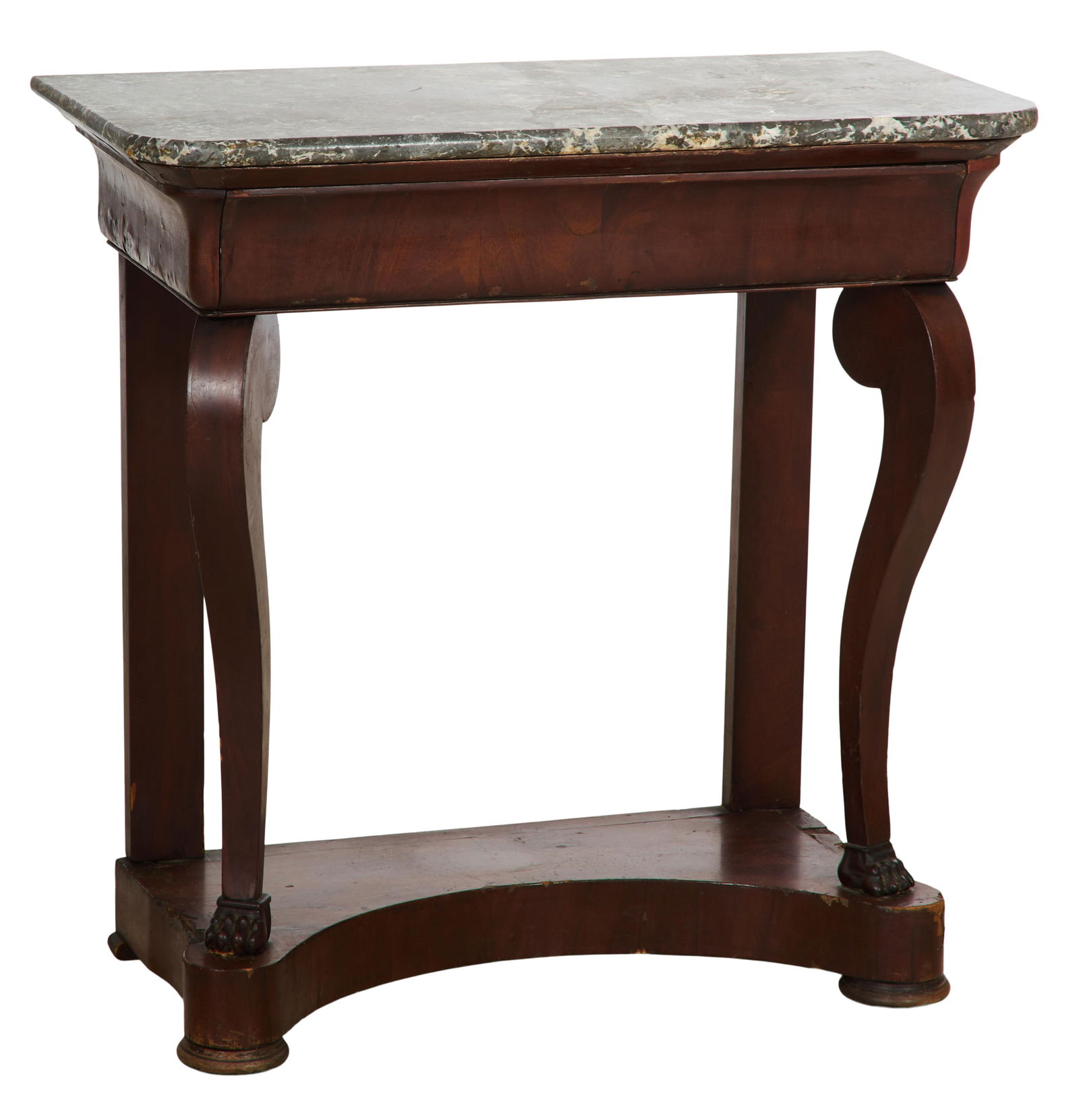 French Empire Marble Top Walnut Console, 19th c., H.- 31 1/4 in., W.- 31 in., D.- 15 1/2 in. (1 of 2)